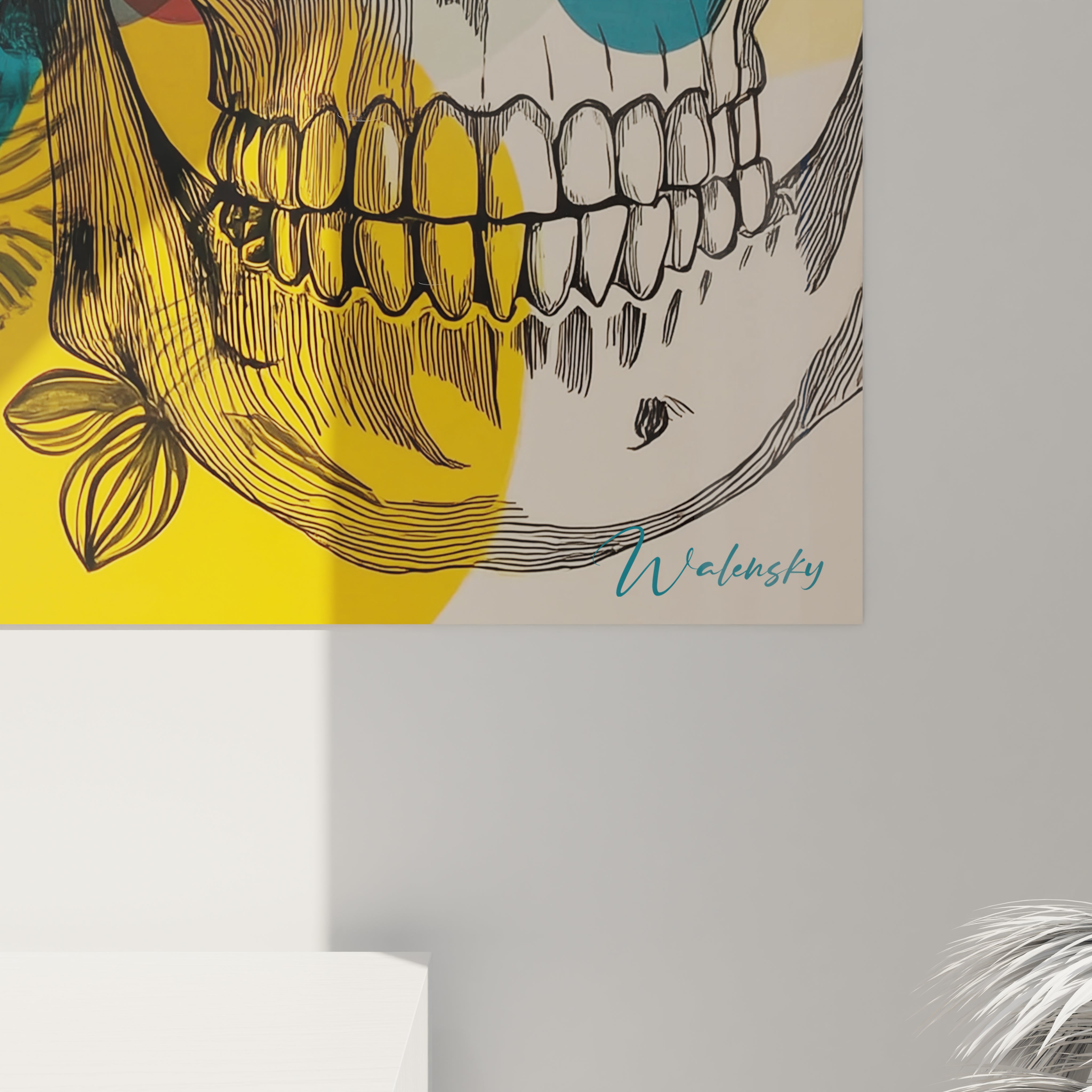 Tableau mural Walensky crâne stylisé moitié visage encre couleur jaune tableau visage art vanité pour deco mur