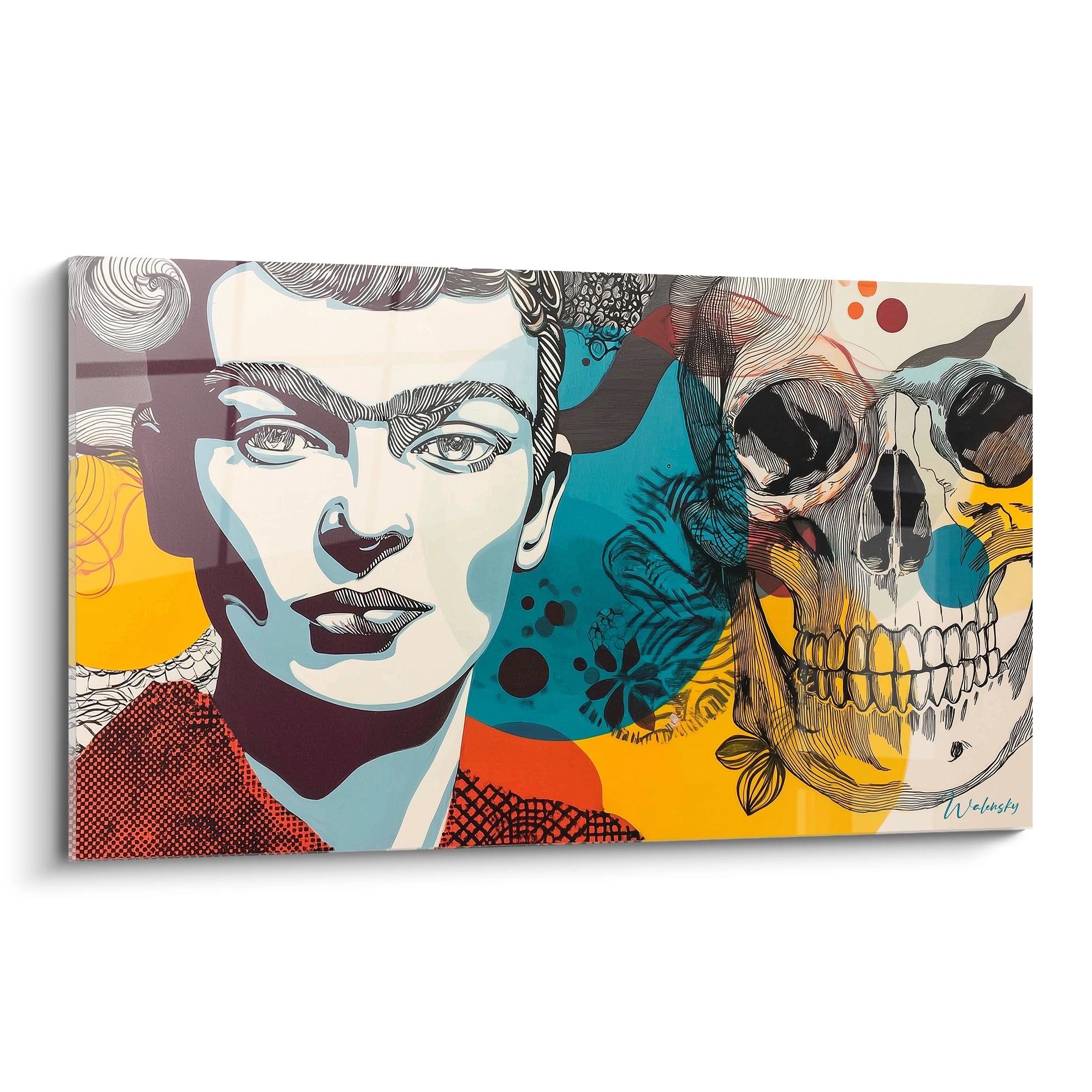 Walensky tableau visage art vanité tableau mural en toile colore portrait femme stylise avec crane style pop art contemporain