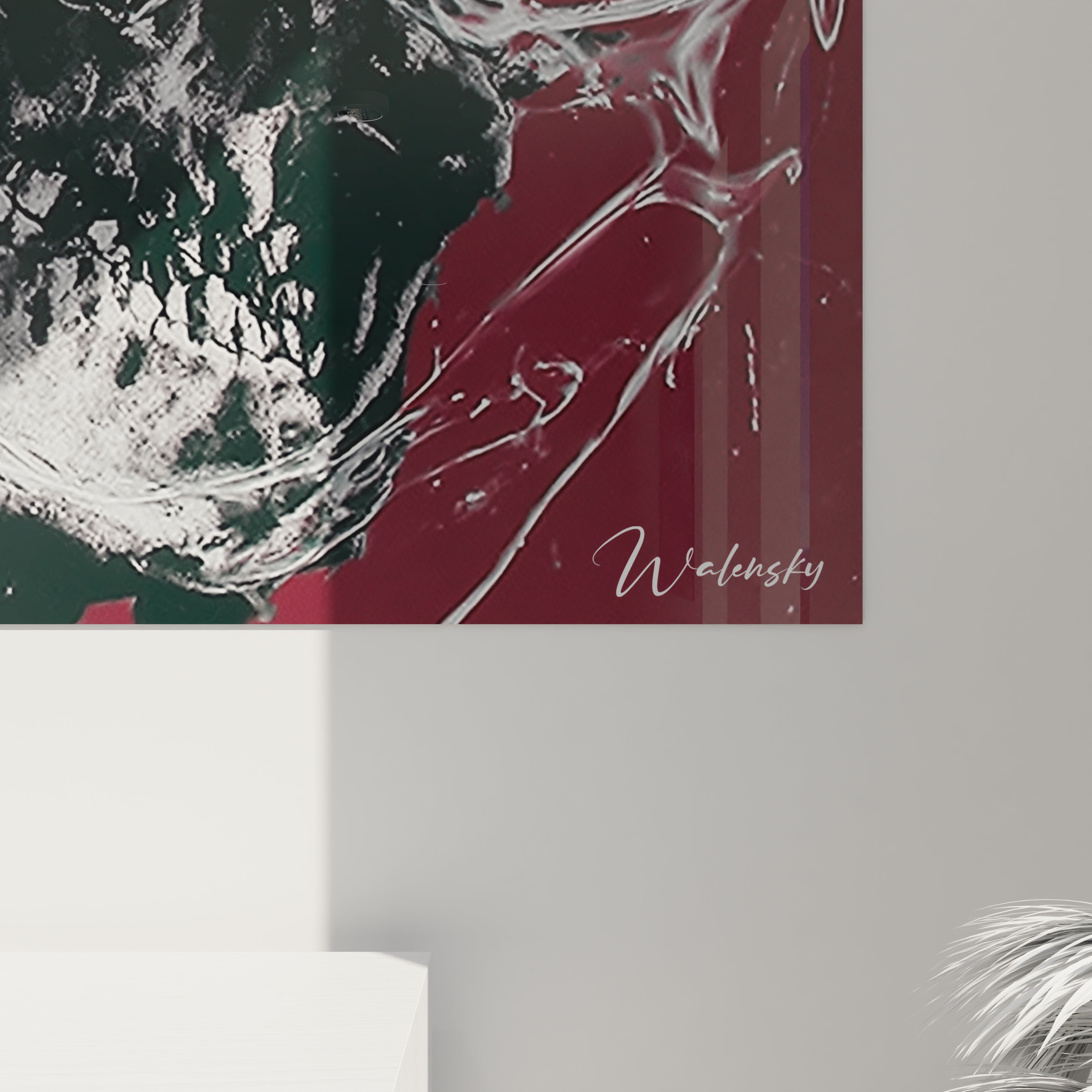 Tableau Walensky abstrait vert blanc bordeaux accroché au mur avec signature tableau visage beauté contemporain