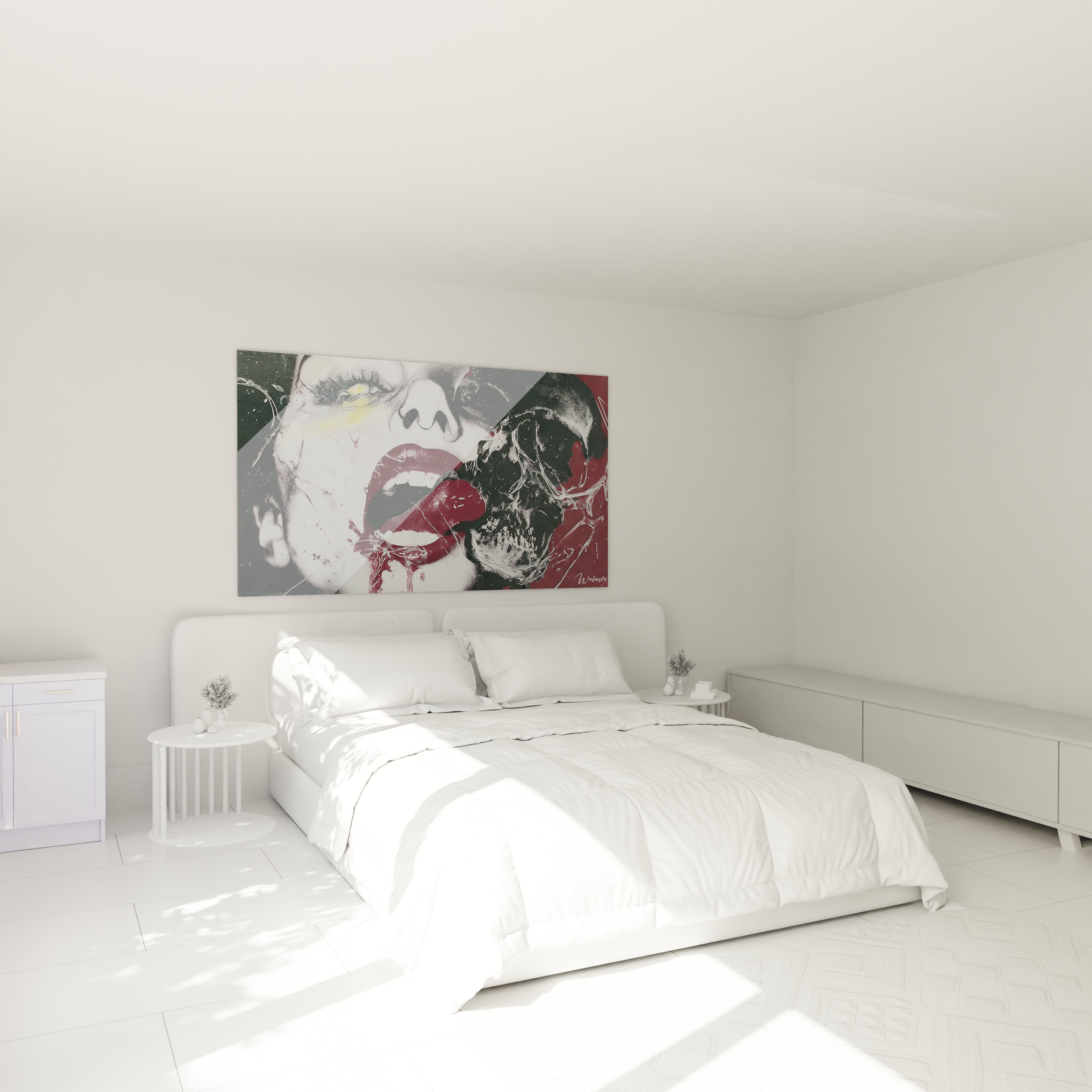 Walensky tableau visage beauté contemporain accroché au dessus d un lit blanc visage stylisé aux lèvres rouges
