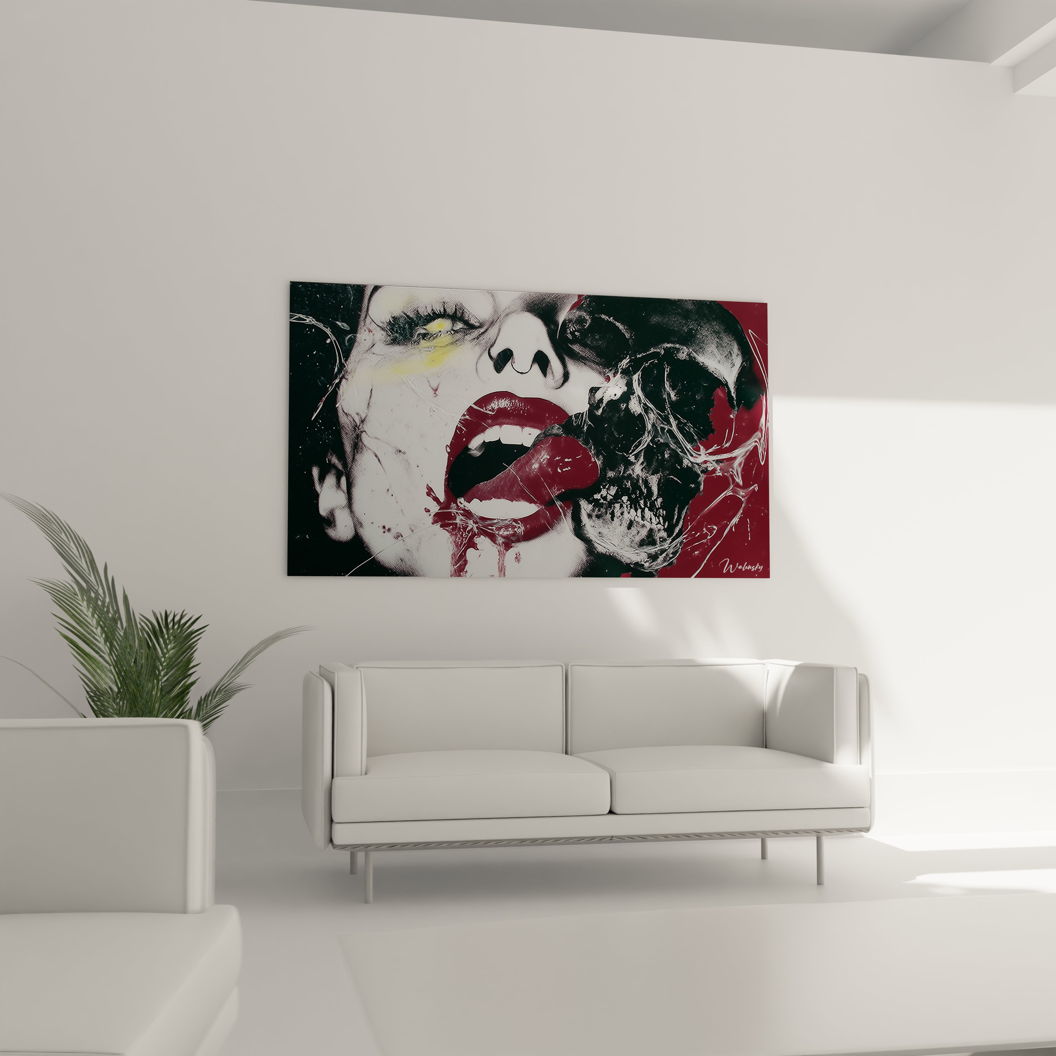 Walensky tableau visage beauté contemporain mural représentant un visage féminin stylisé lèvres rouges art abstrait