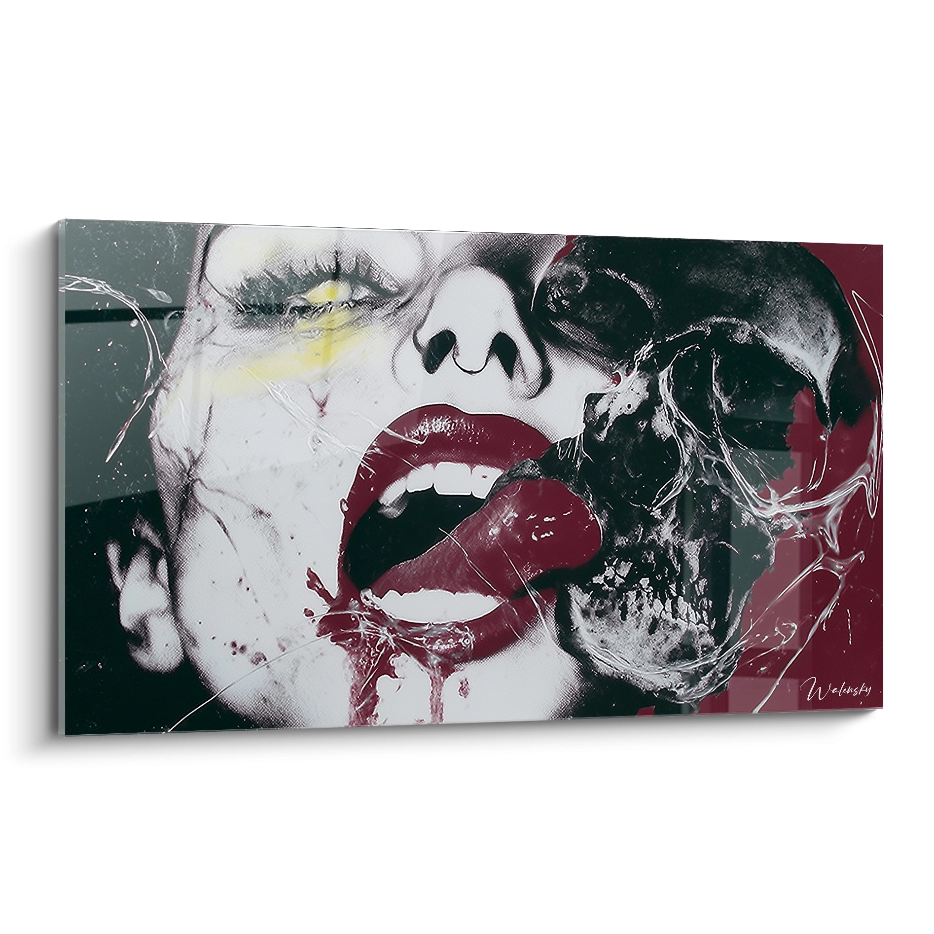 Walensky tableau mural visage et crâne stylisé, lèvres rouges et textures audacieuses, tableau visage beauté contemporain