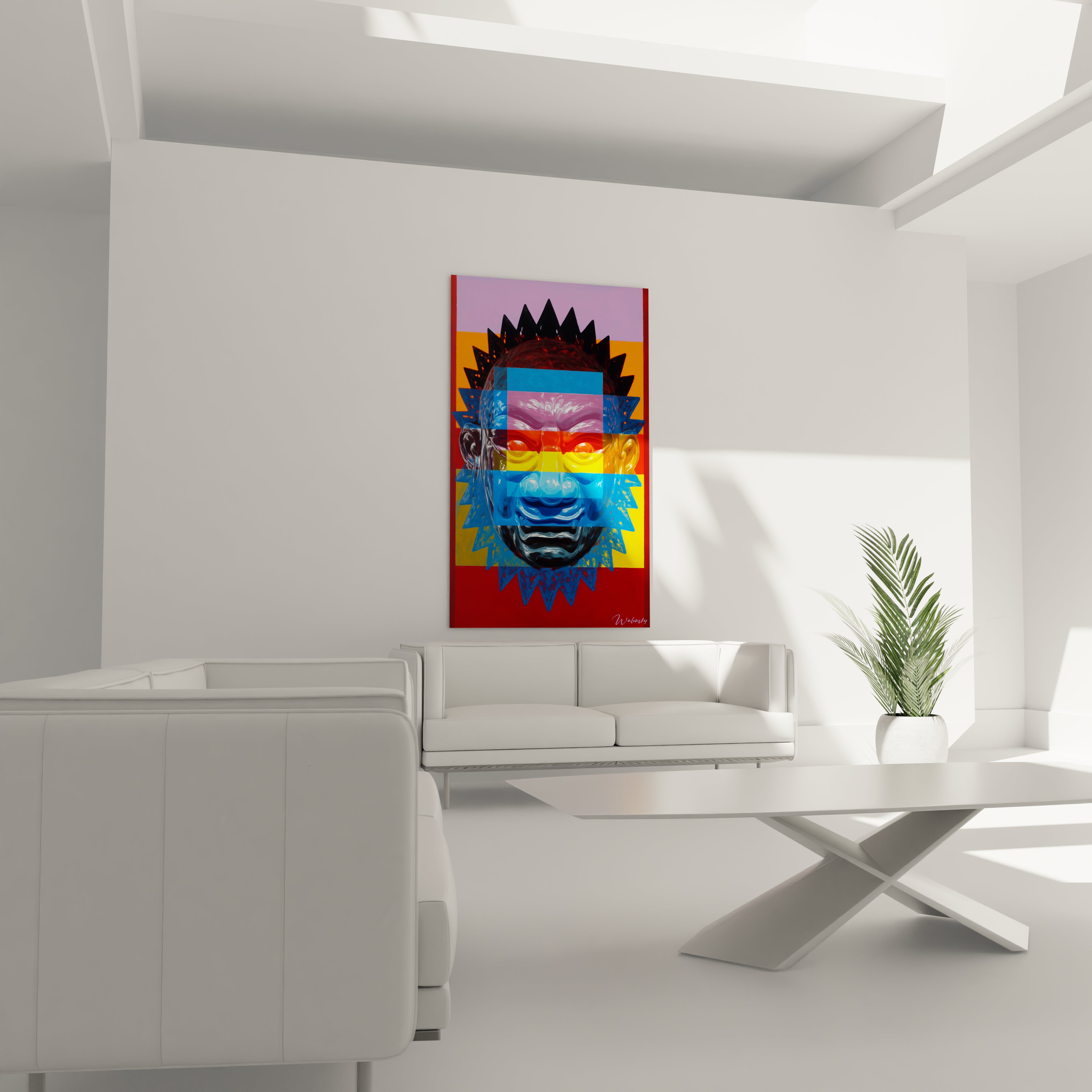 Tableau mural Walensky tableau visage contemporain coloré stylisé accroché au dessus d un canapé blanc dans salon moderne