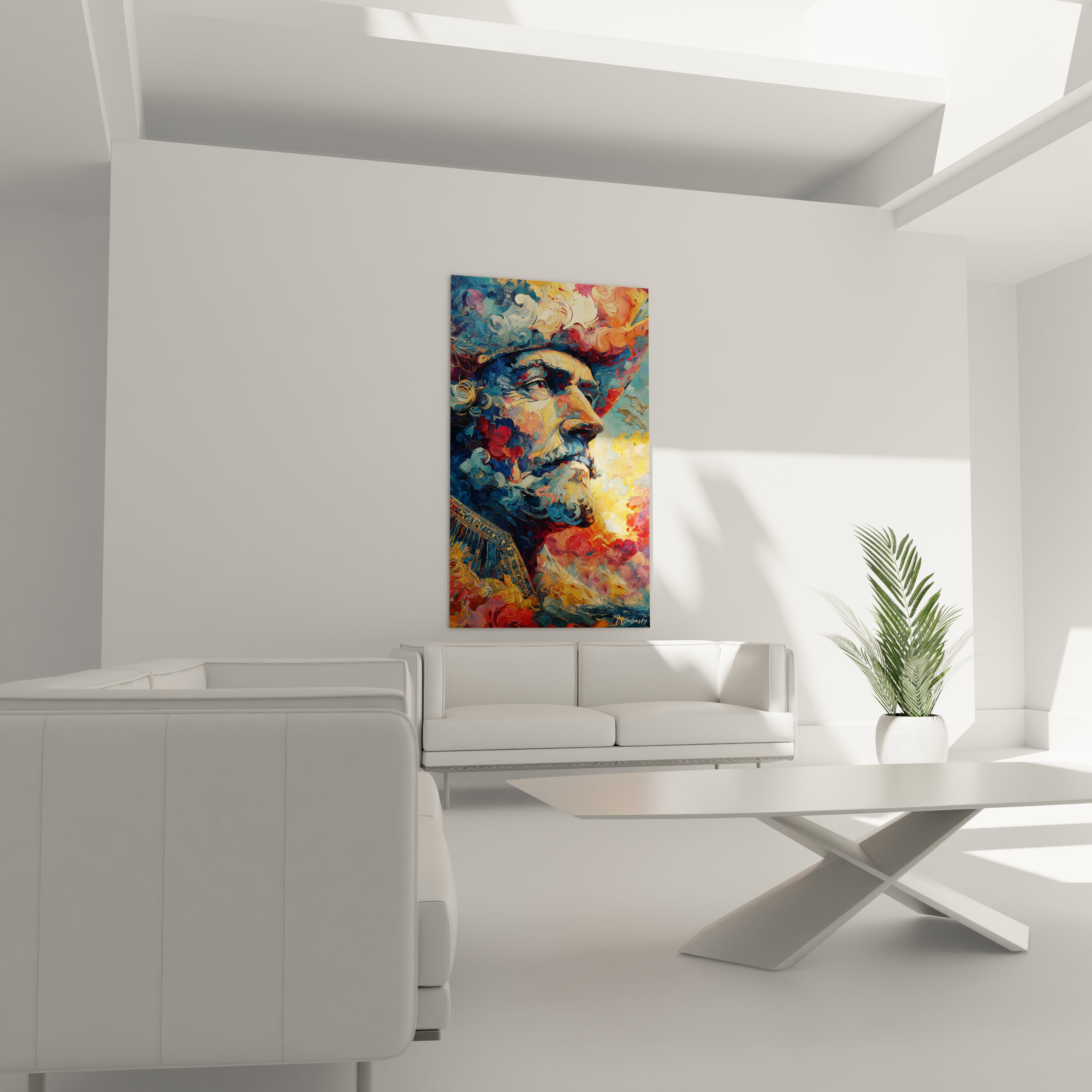 Tableau mural Walensky portrait coloré et expressif dans salon minimaliste tableau visage émotionnel Christophe Colomb