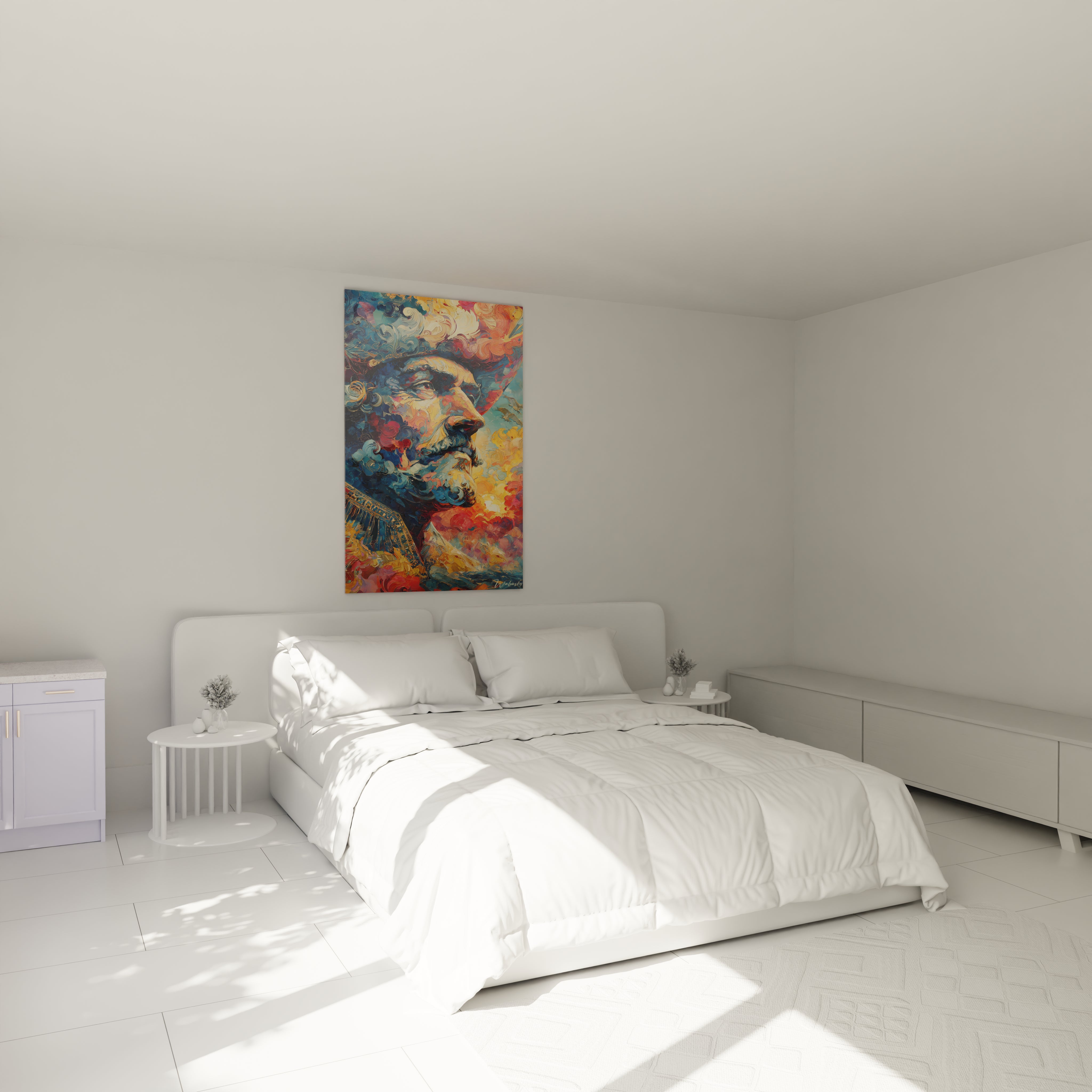 Tableau mural Walensky tableau visage émotionnel Christophe Colomb coloré accroché au dessus d un lit blanc moderne
