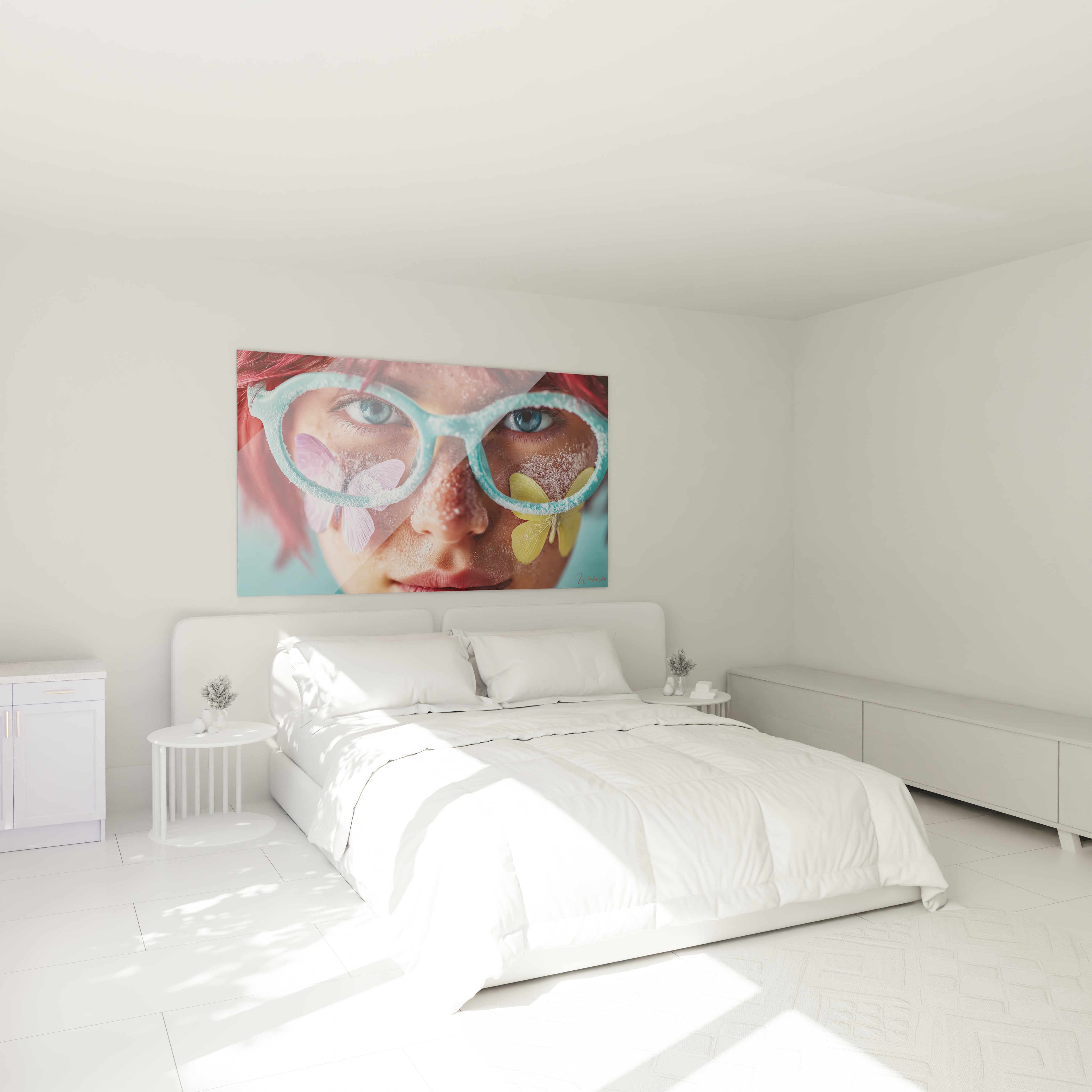 tableau visage fraîcheur marine Walensky portrait coloré lunettes turquoise cheveux rouges au dessus d un lit blanc minimaliste