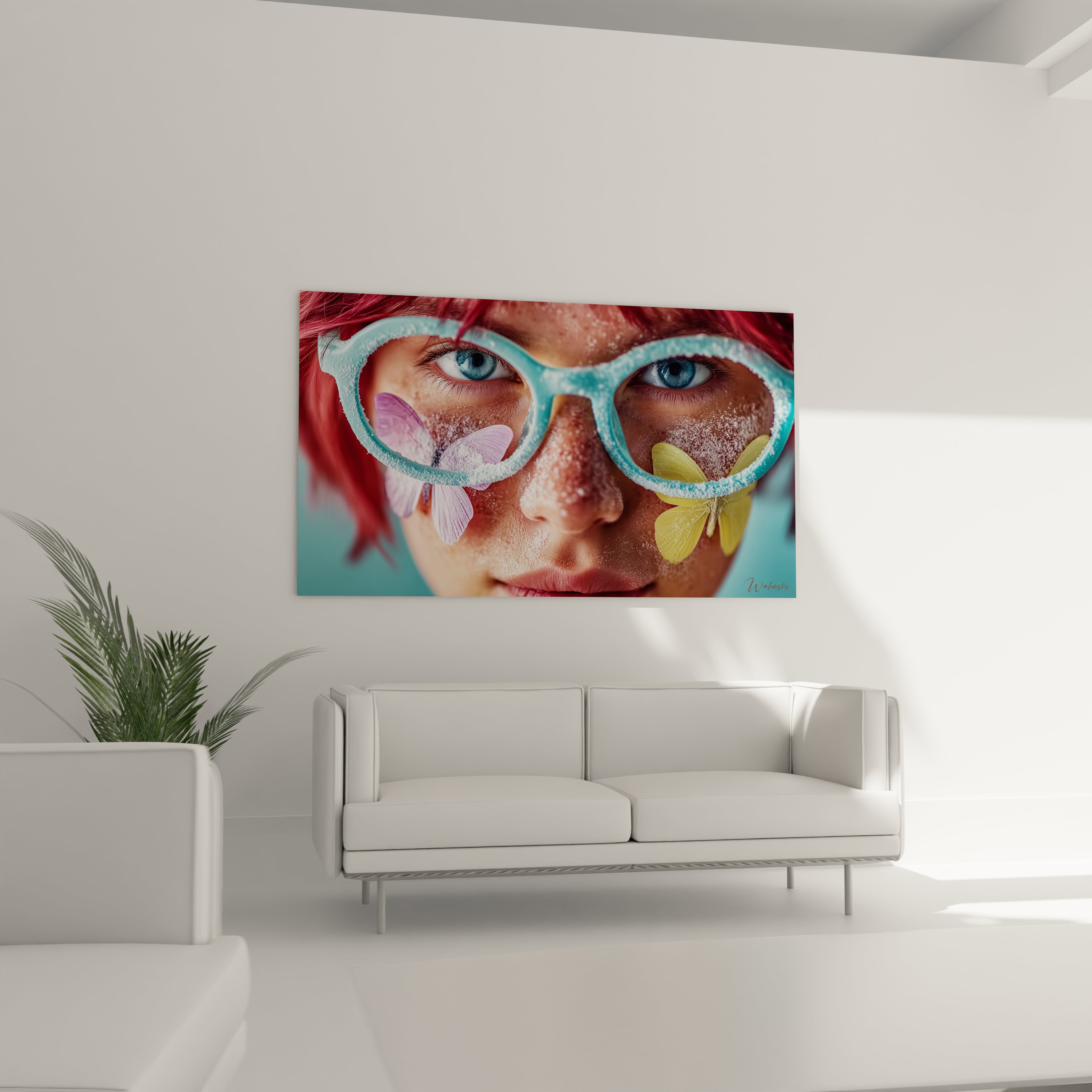 Tableau Walensky portrait gros plan lunettes turquoise pétales et paillettes, ambiance fraîche tableau visage fraîcheur marine