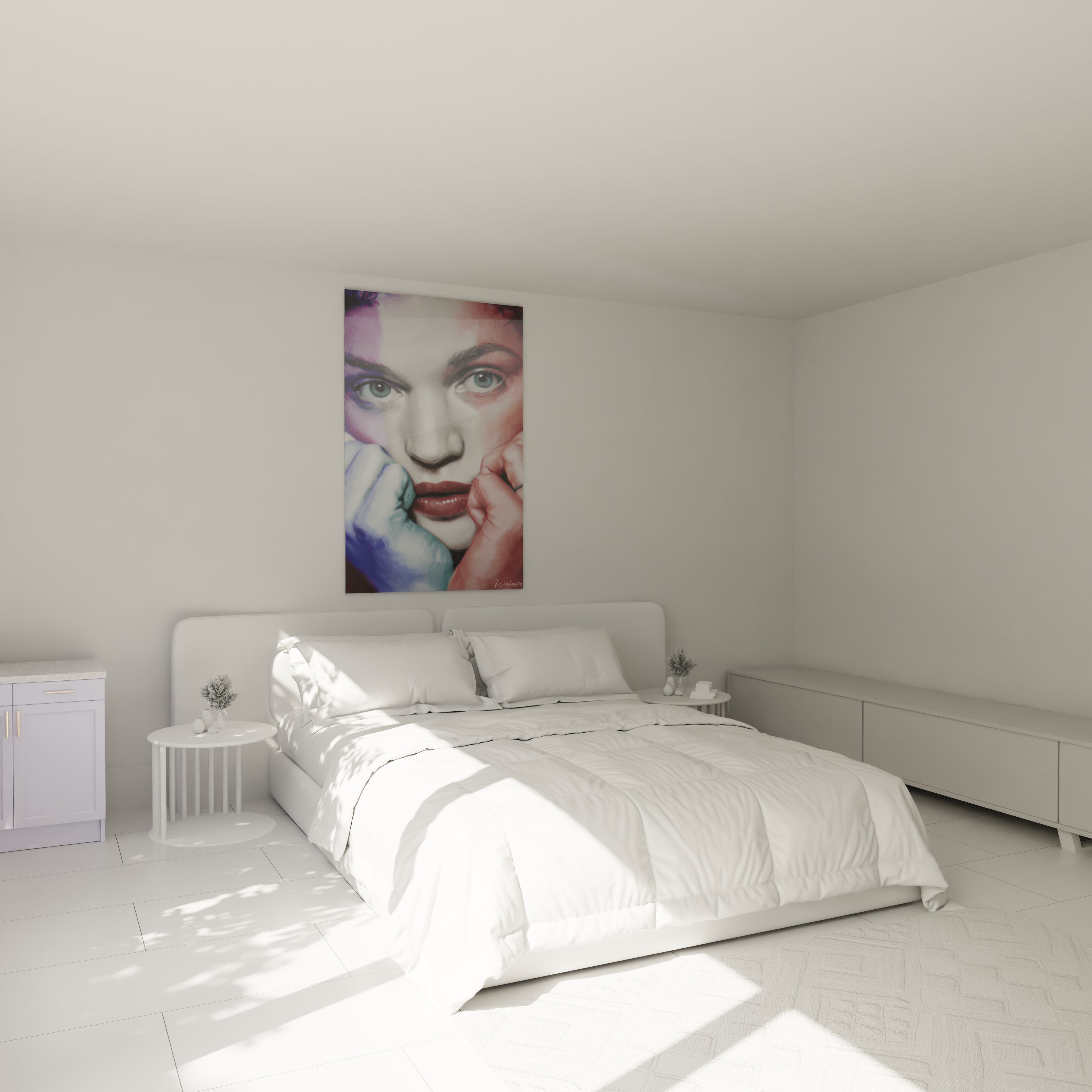 Walensky tableau mural pour chambre minimaliste lit blanc portrait colore accroche au dessus du lit tableau visage hyperréalisme