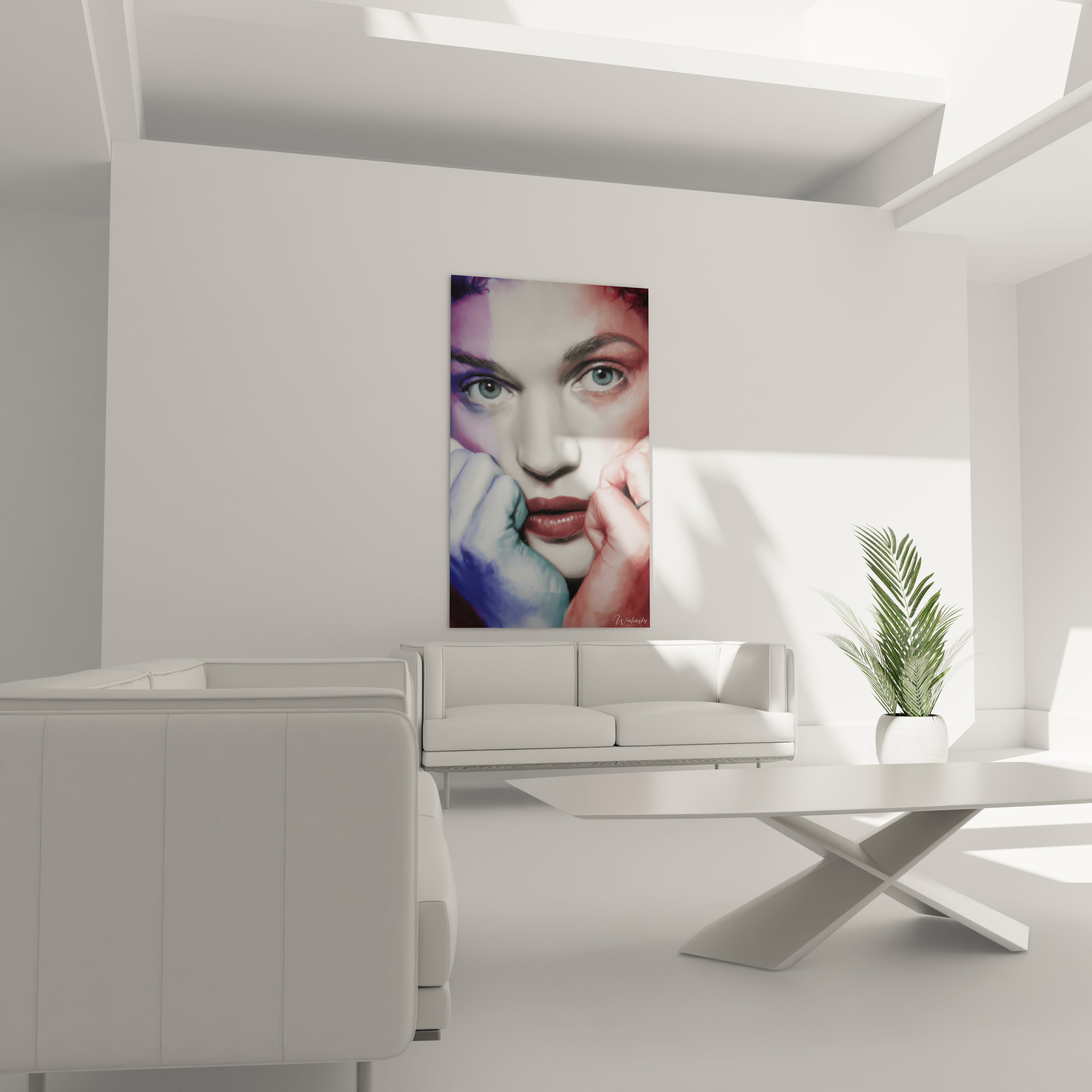 Walensky tableau mural visage féminin coloré accroché au-dessus d'un canapé moderne, tableau visage hyperréalisme