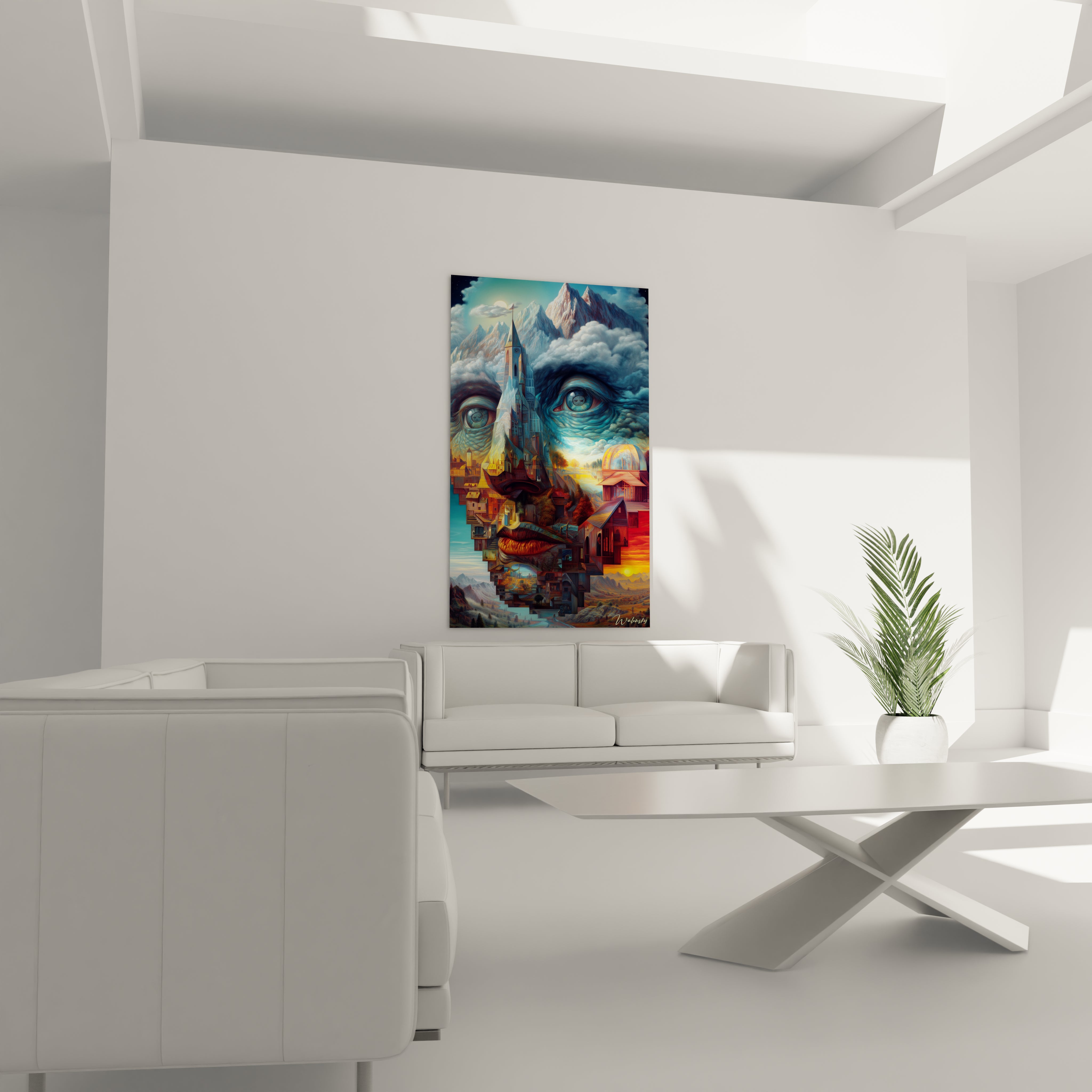 Tableau visage surréaliste Walensky sur toile colorée accroché au mur d'un salon minimaliste blanc avec canapé et plante
