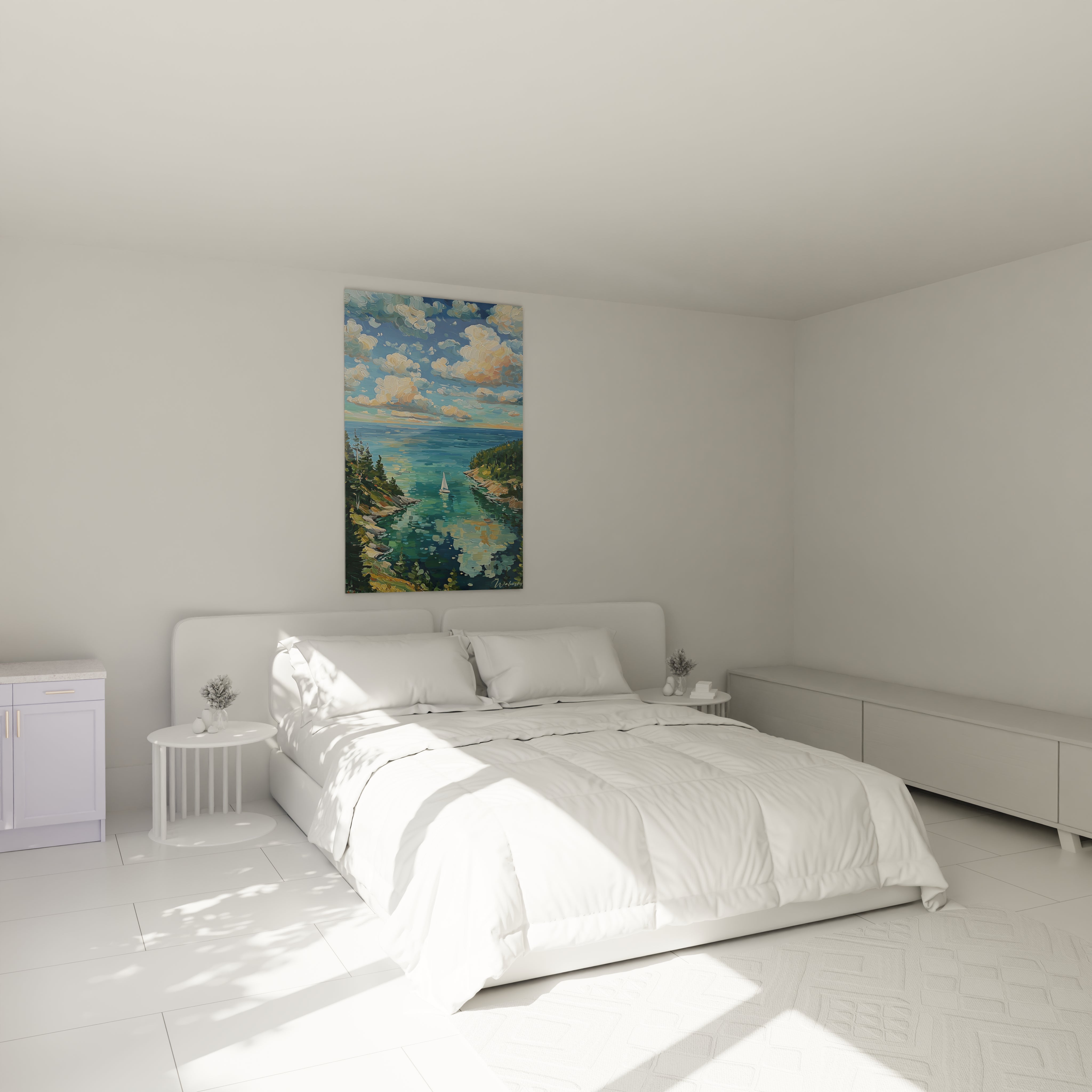 Chambre minimaliste avec grand lit blanc et tableau voilier lumière estivale Walensky au dessus du lit