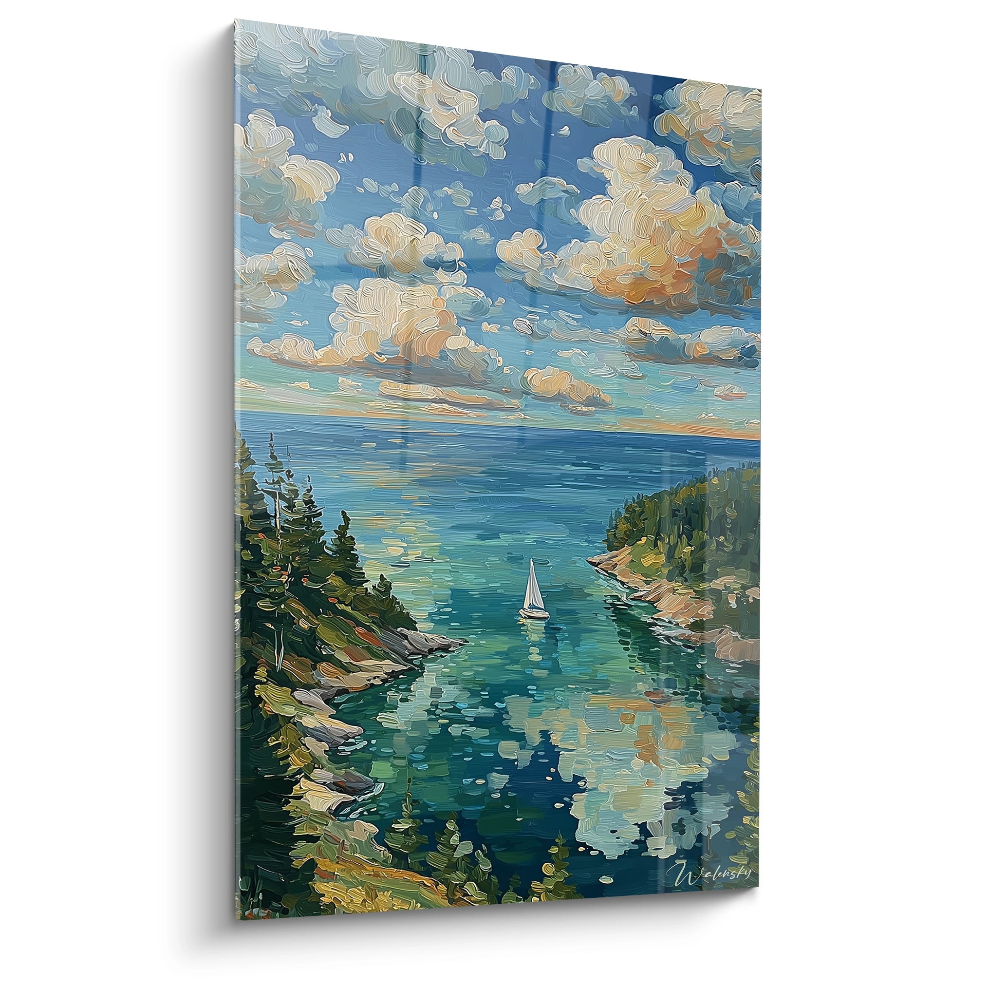 Walensky tableau mural paysager montrant un voilier entre criques et eau turquoise tableau voilier lumière estivale