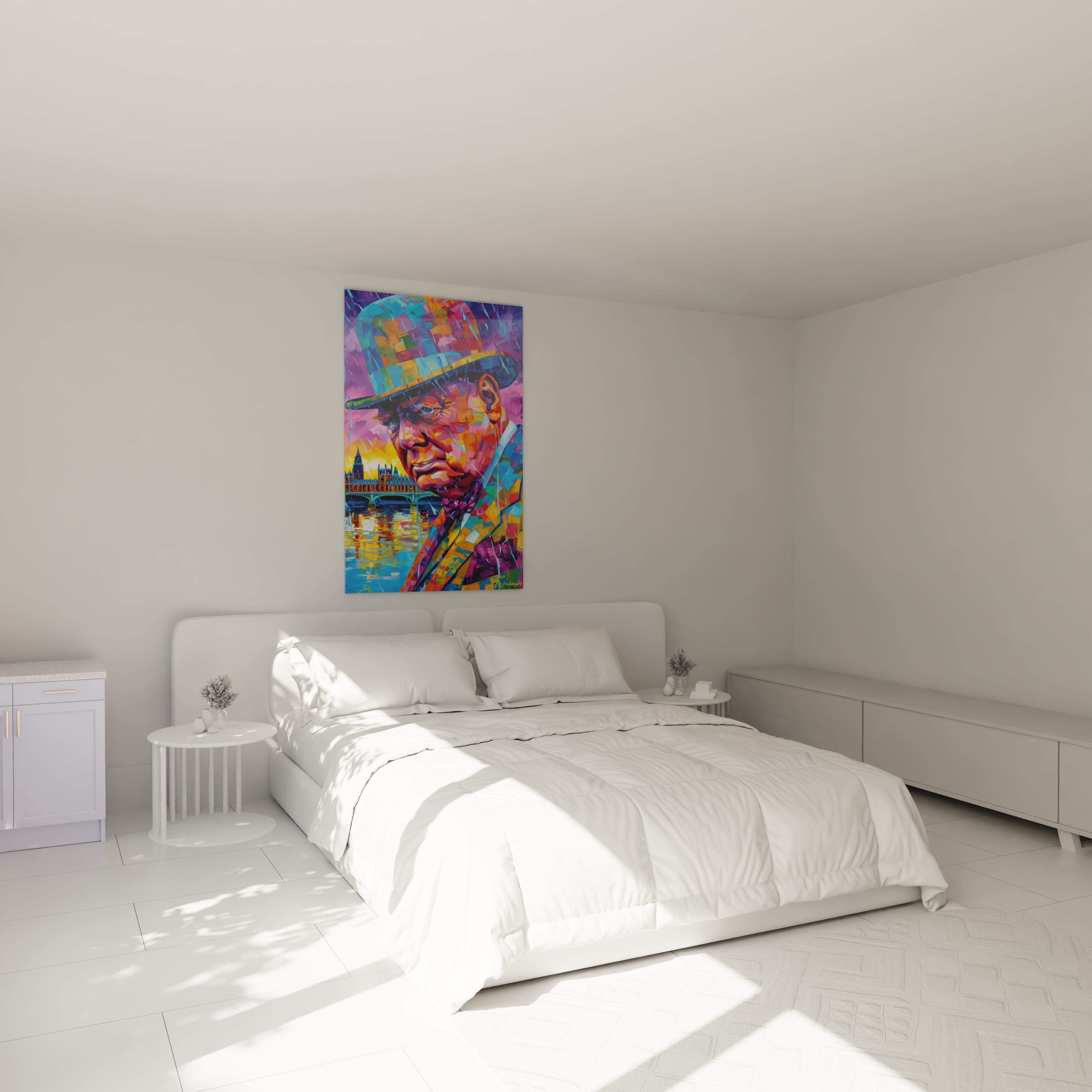 tableau Winston Churchill contemporain coloré Walensky accroché au dessus d'un lit double dans une chambre blanche minimaliste