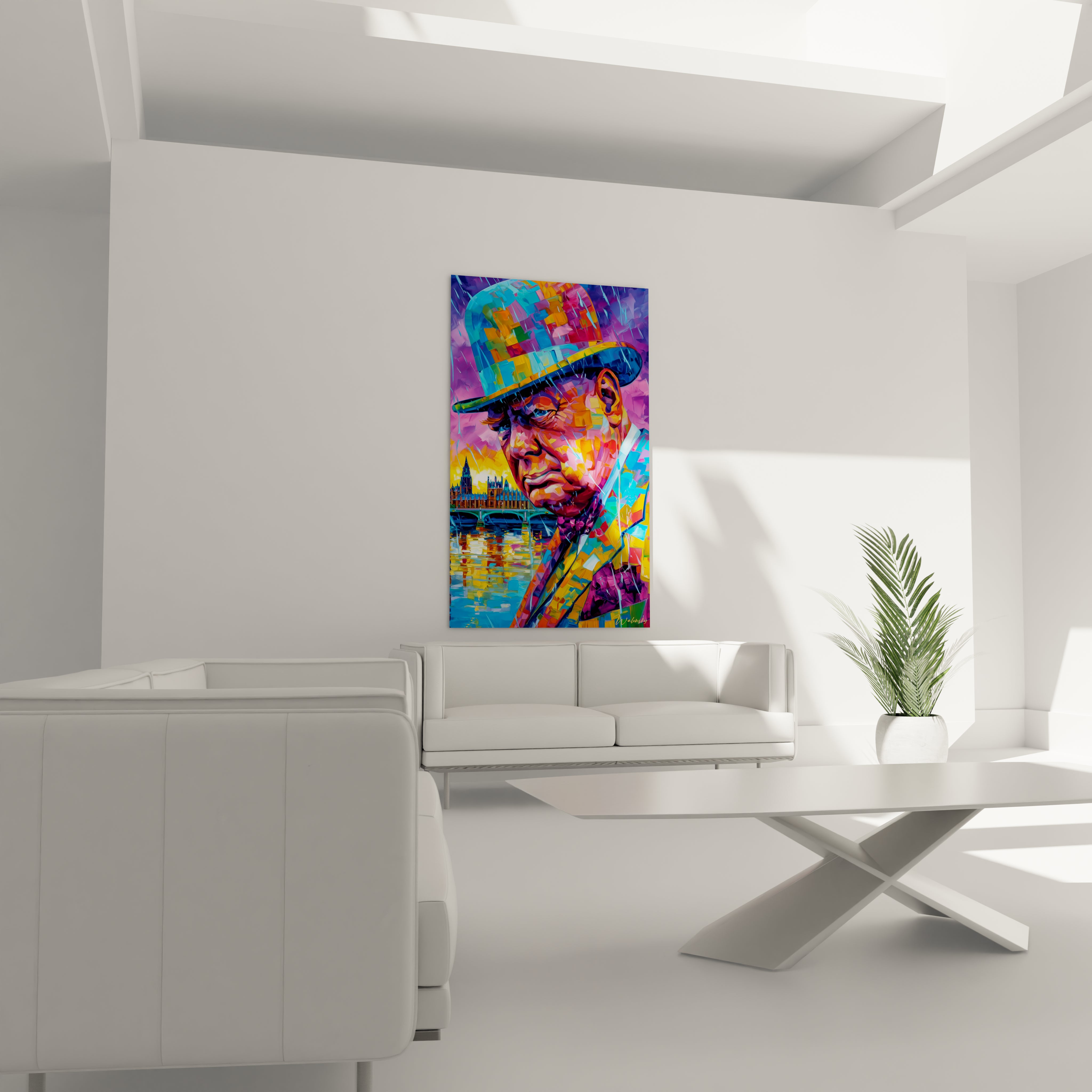 Impression murale Walensky présentant un tableau Winston Churchill contemporain coloré dans un salon blanc moderne