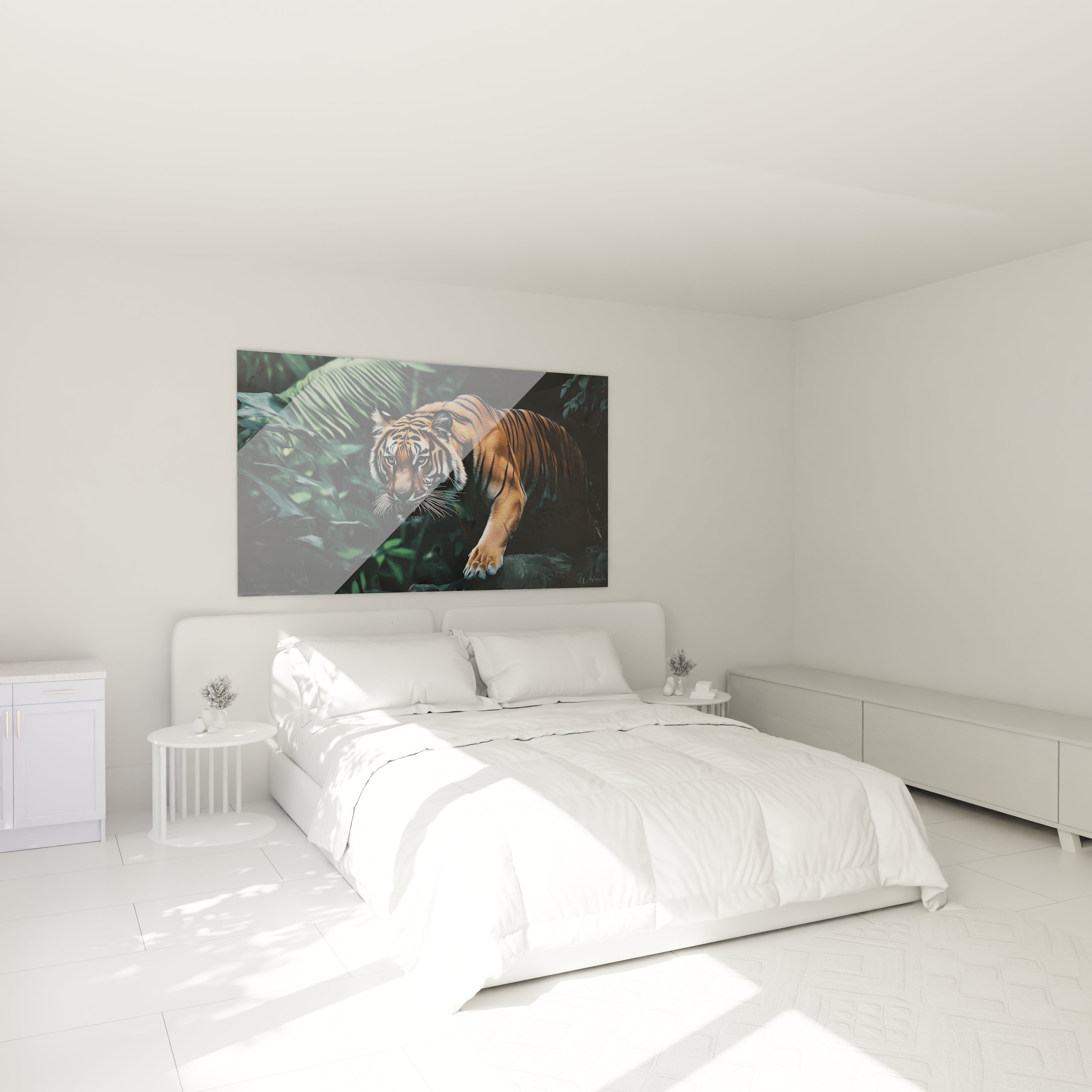 Tableau tigre Walensky posé au-dessus d'un lit dans une chambre moderne et lumineuse
