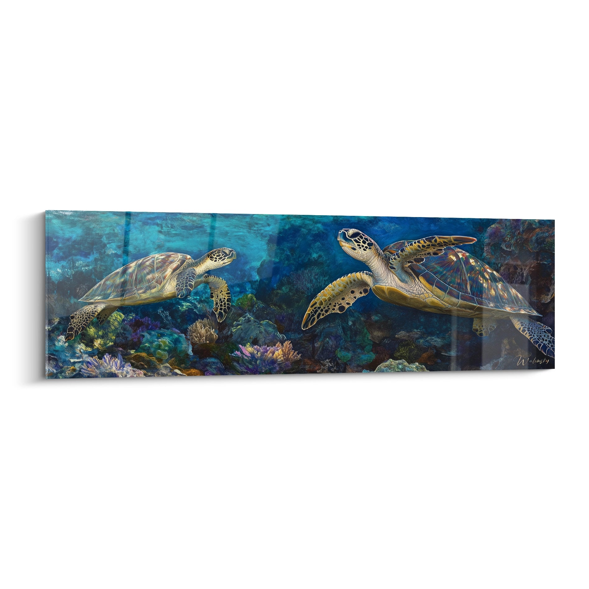 Tableau tortue de mer Walensky avec deux tortues nageant dans un récif corallien coloré