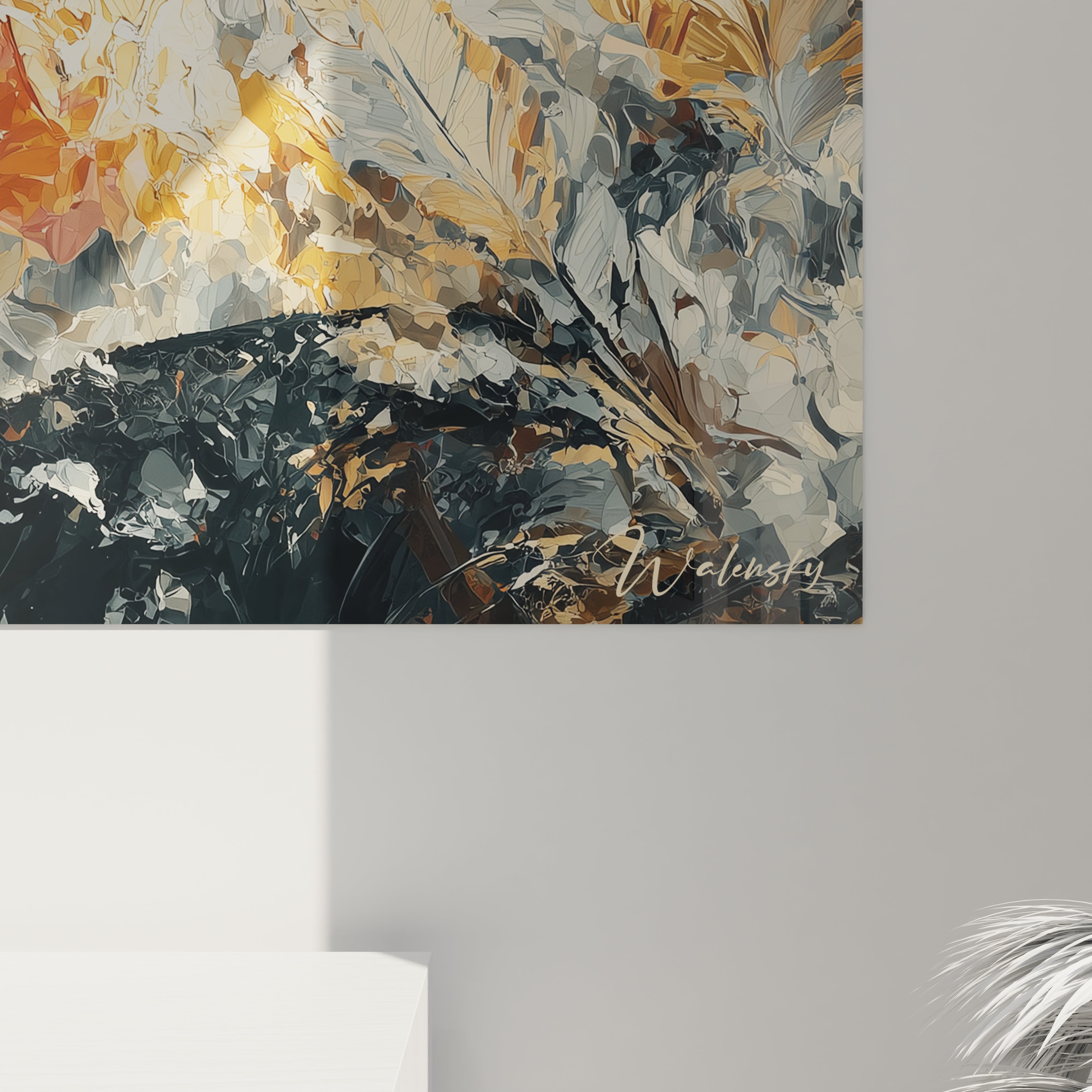 Tableau mural Walensky peinture abstraite de feuillages dorés et gris avec signature tableau gothique femme