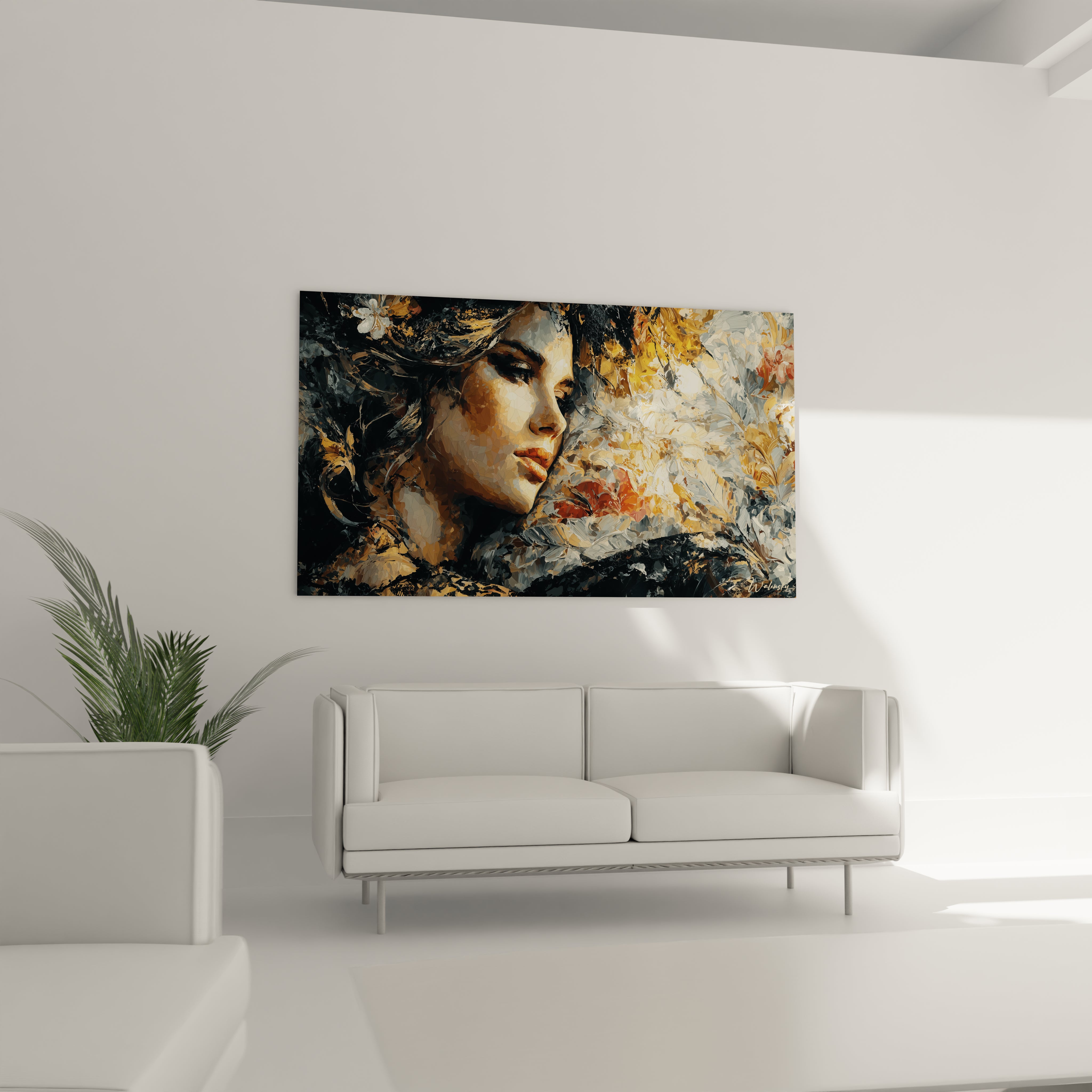 tableau gothique femme Walensky peinture murale visage feminin sombre et floral pour decoration salon moderne