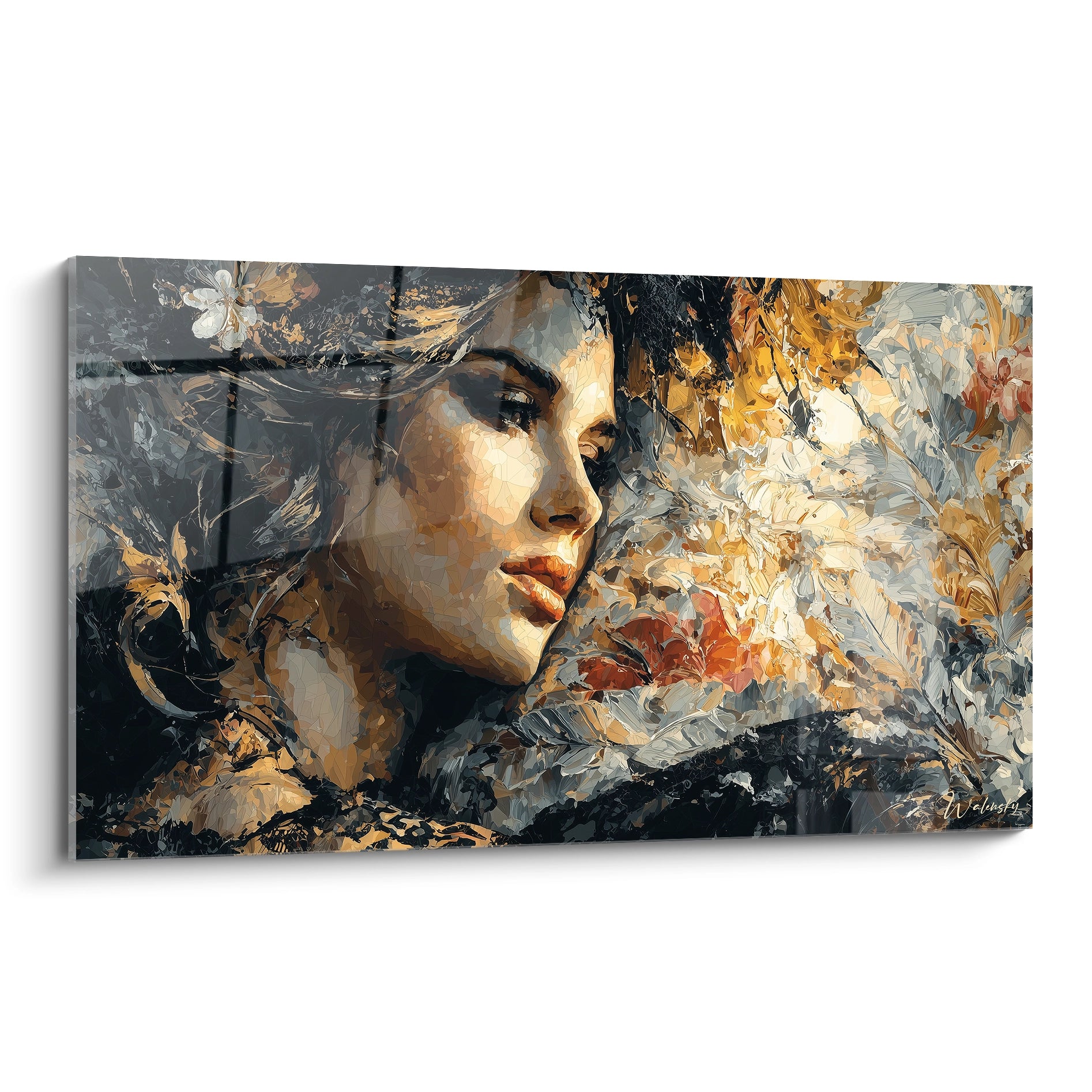 tableau gothique femme mural Walensky portrait peint d une femme entouree de fleurs et textures ocres