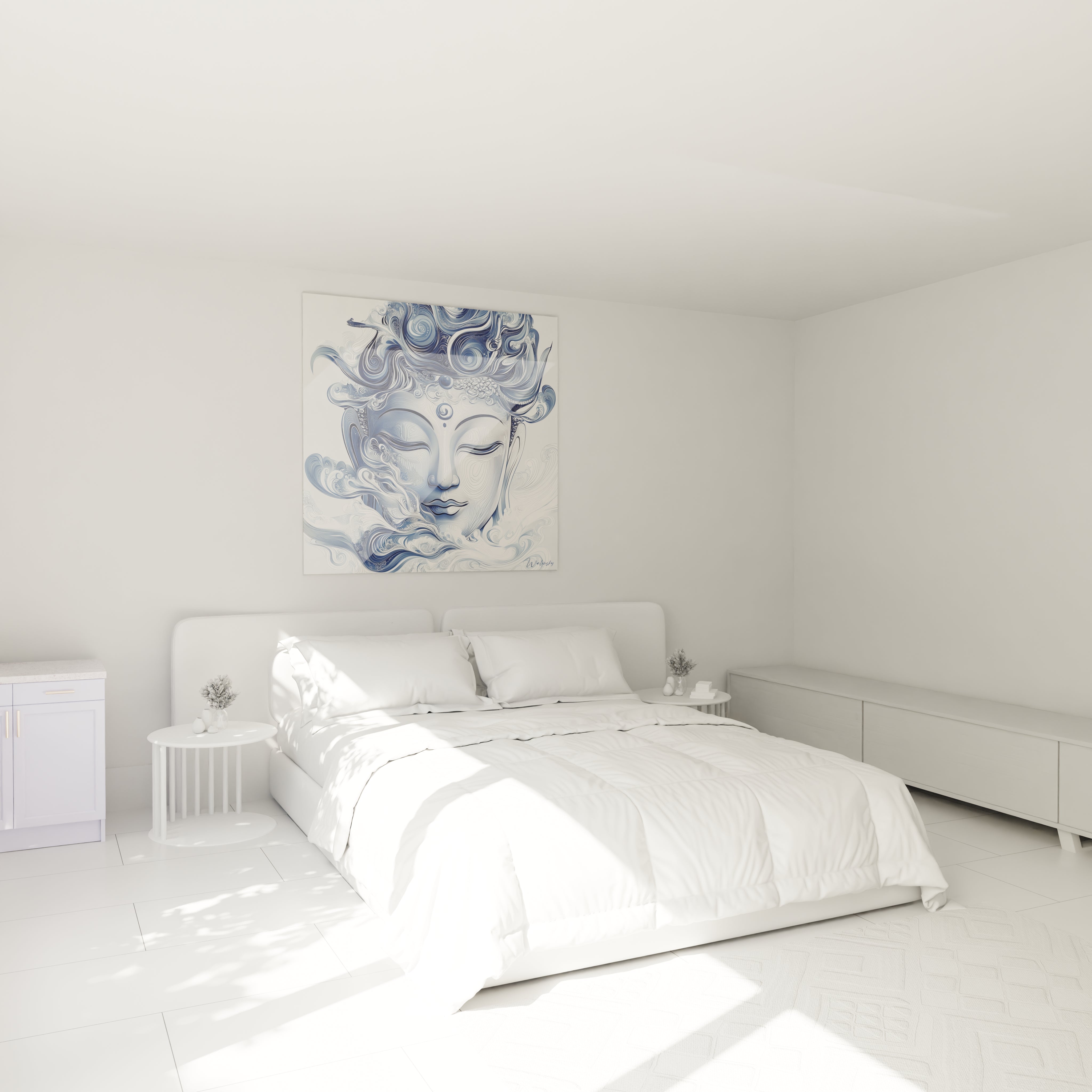 Tableau bouddha bleu Walensky accroché au-dessus d'un lit blanc dans une chambre lumineuse