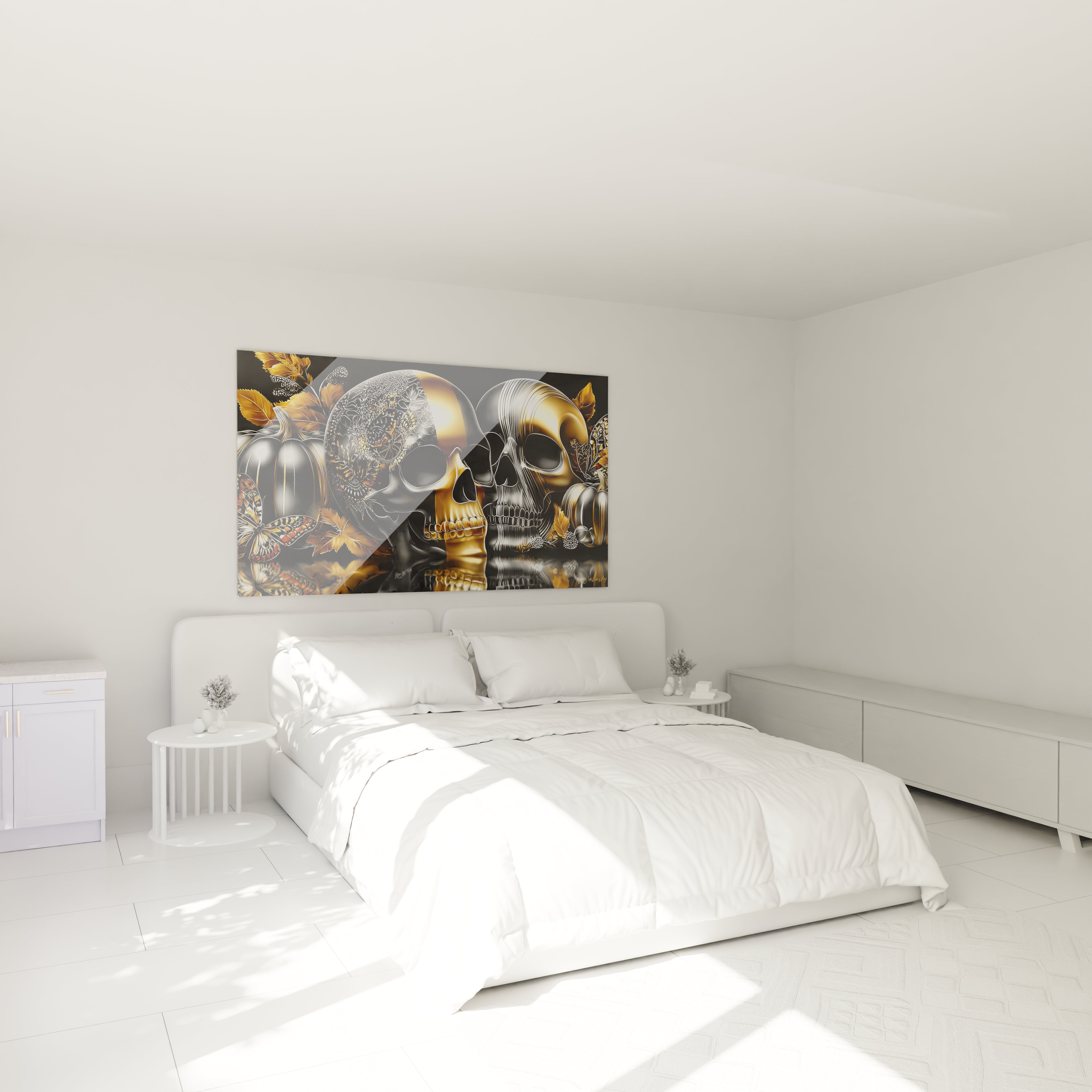 Tableau mural Walensky présentant un tableau crâne décoratif halloween doré et noir au dessus du lit blanc moderne