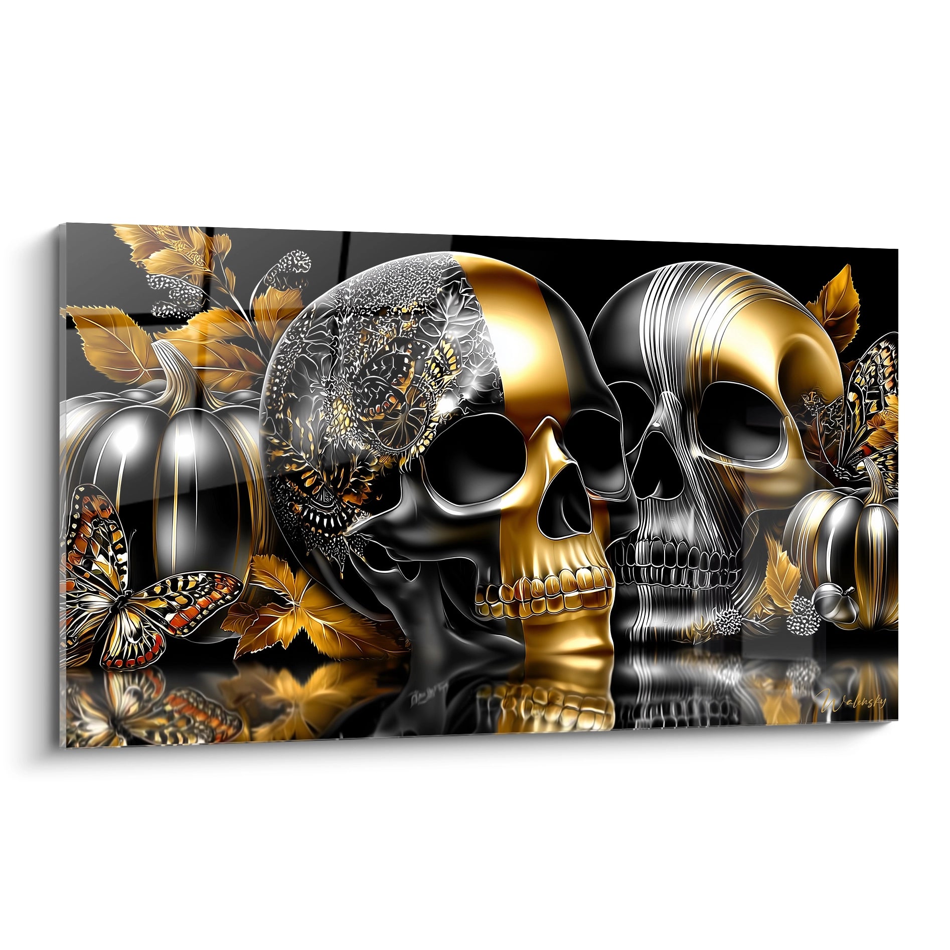 tableau crâne décoratif halloween Walensky deux crânes dorés et noirs ornés de motifs papillon et citrouilles