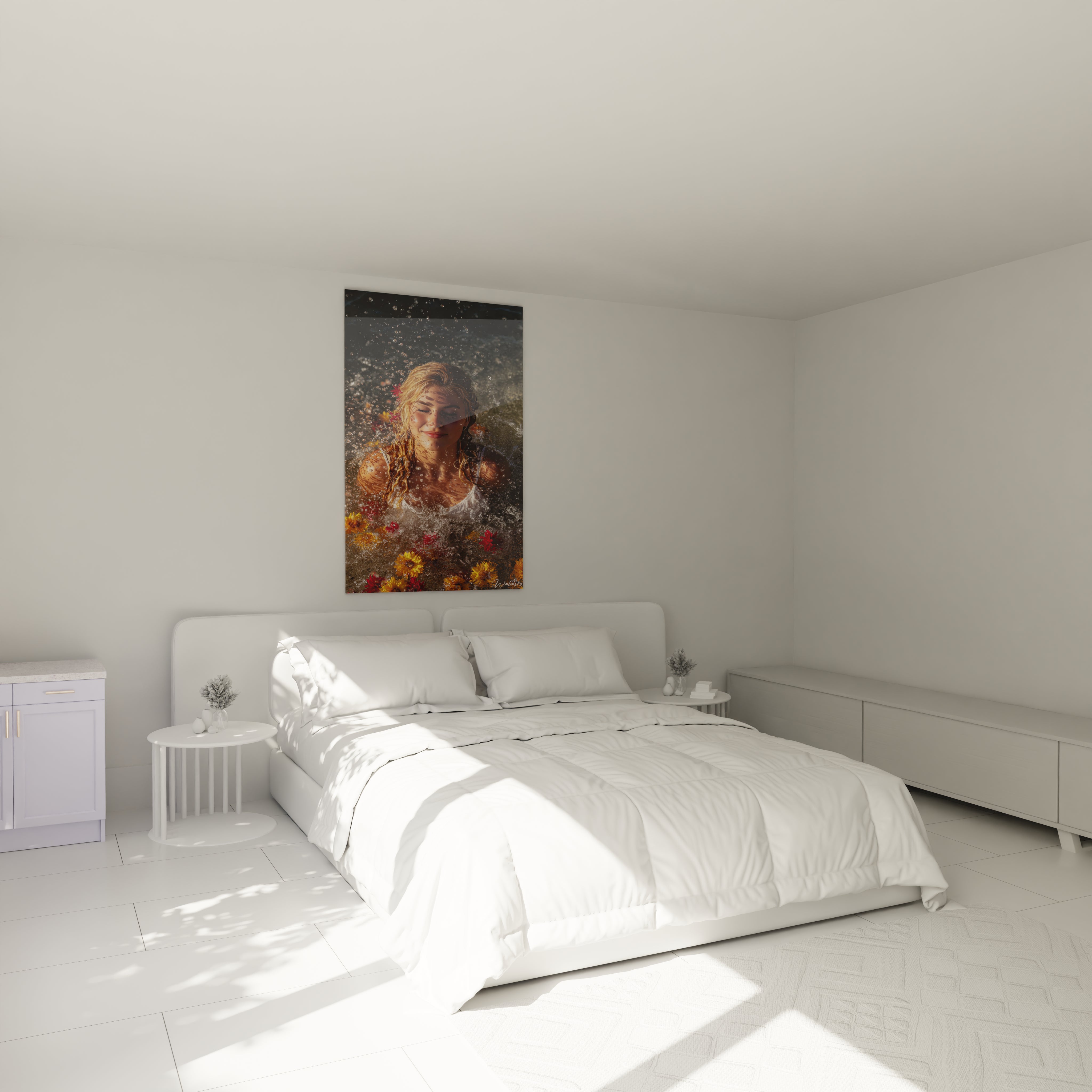 Chambre minimaliste blanche avec lit double et tableau femme moderne Walensky représentant une femme et fleurs