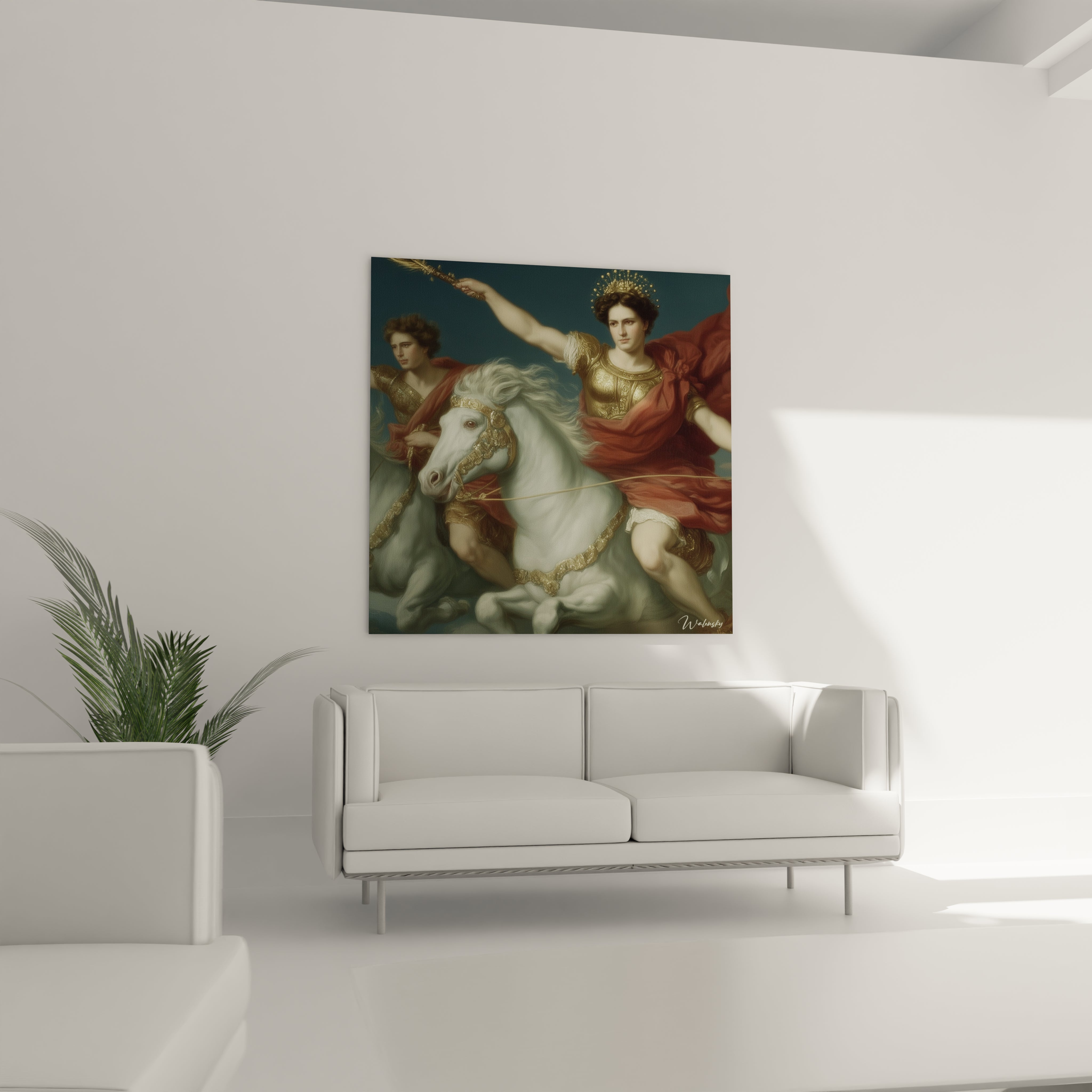tableau guerrier néo classique Walensky peinture murale représentant un cavalier héroïque en toge rouge sur un cheval blanc