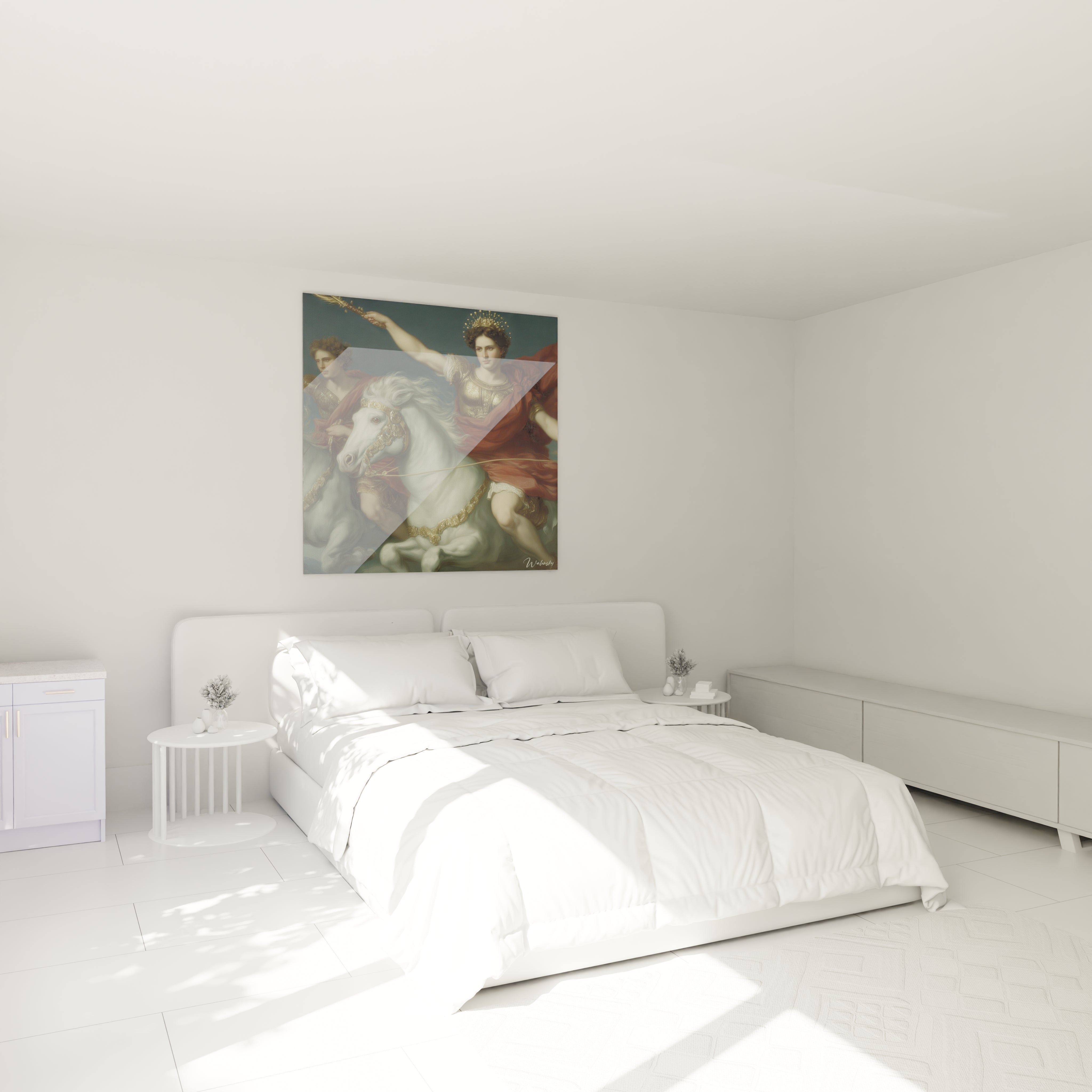 Tableau mural Walensky représentant un tableau guerrier néo classique accroché au dessus d un lit blanc minimaliste