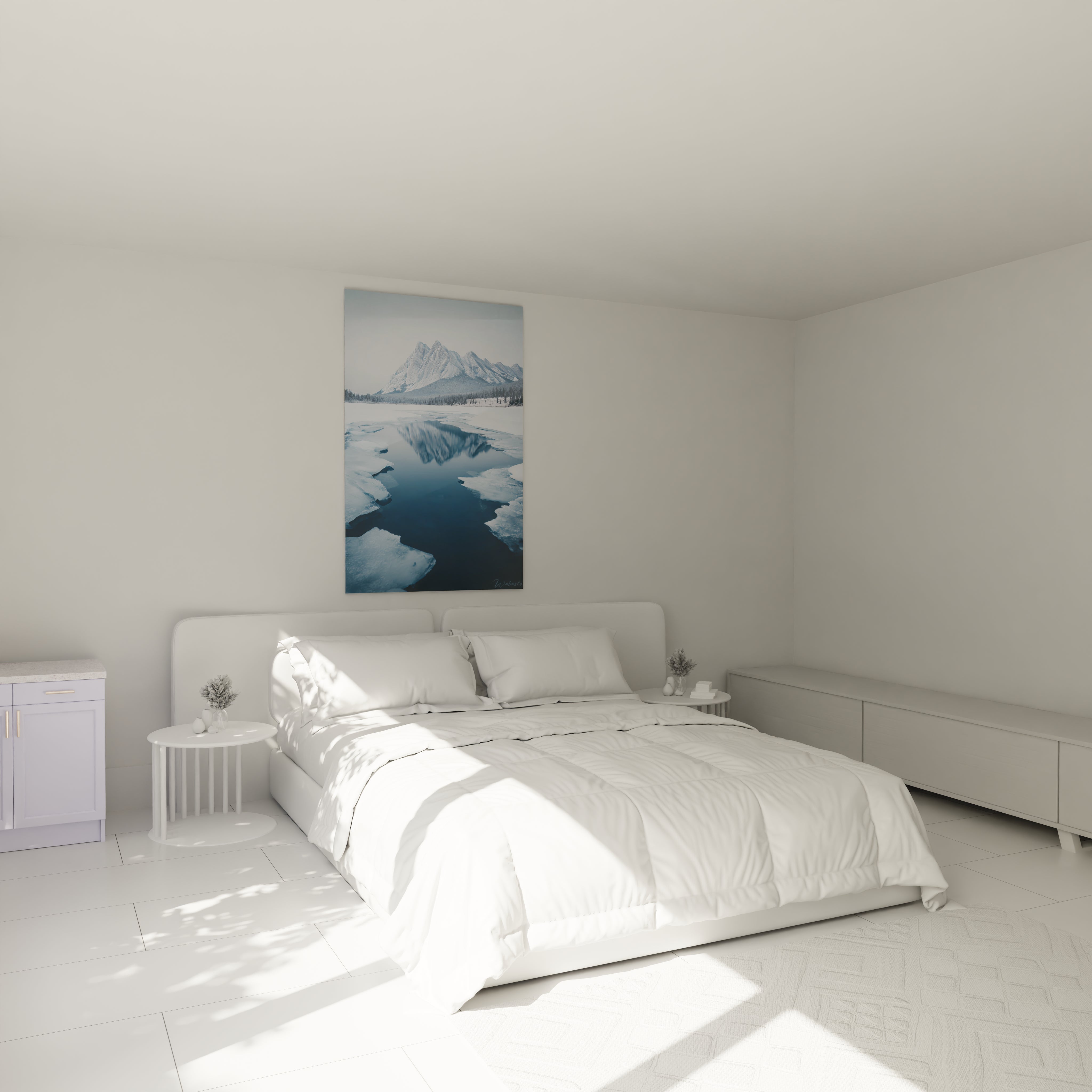 Tableau montagne hiver Walensky accroché au dessus d un grand lit blanc dans une chambre minimaliste lumineuse