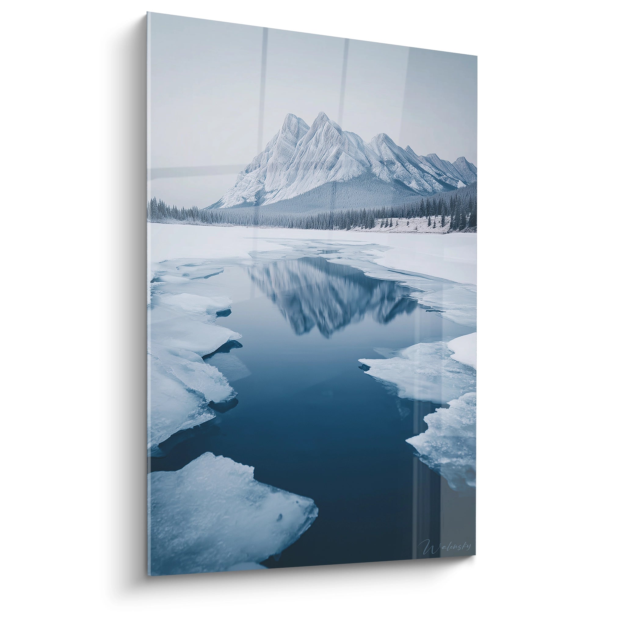 Tableau mural Walensky tableau montagne hiver avec montagnes enneigées et reflet sur lac gelé