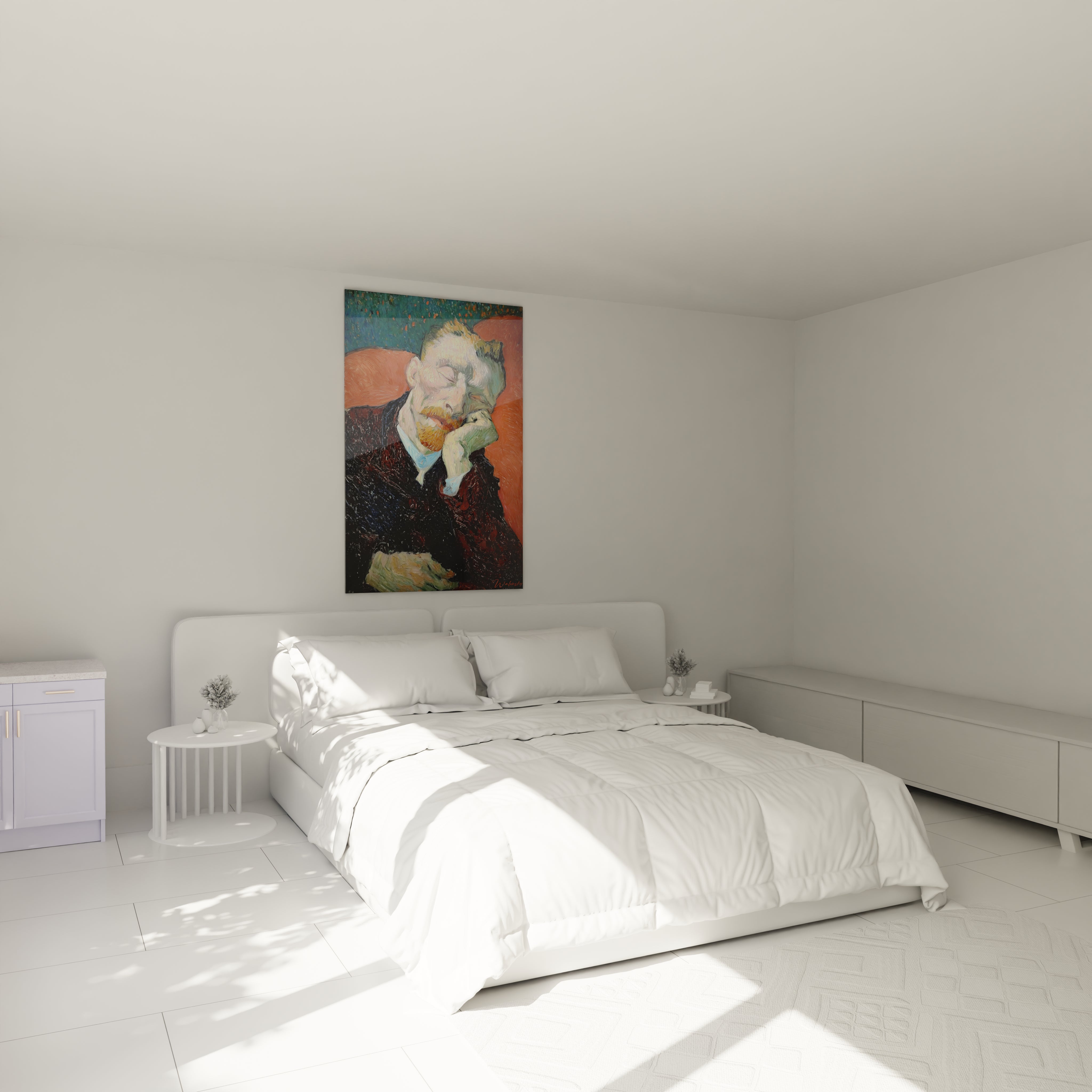 tableau post impressionnisme Walensky accroché au dessus du lit blanc dans une chambre minimaliste lumineuse
