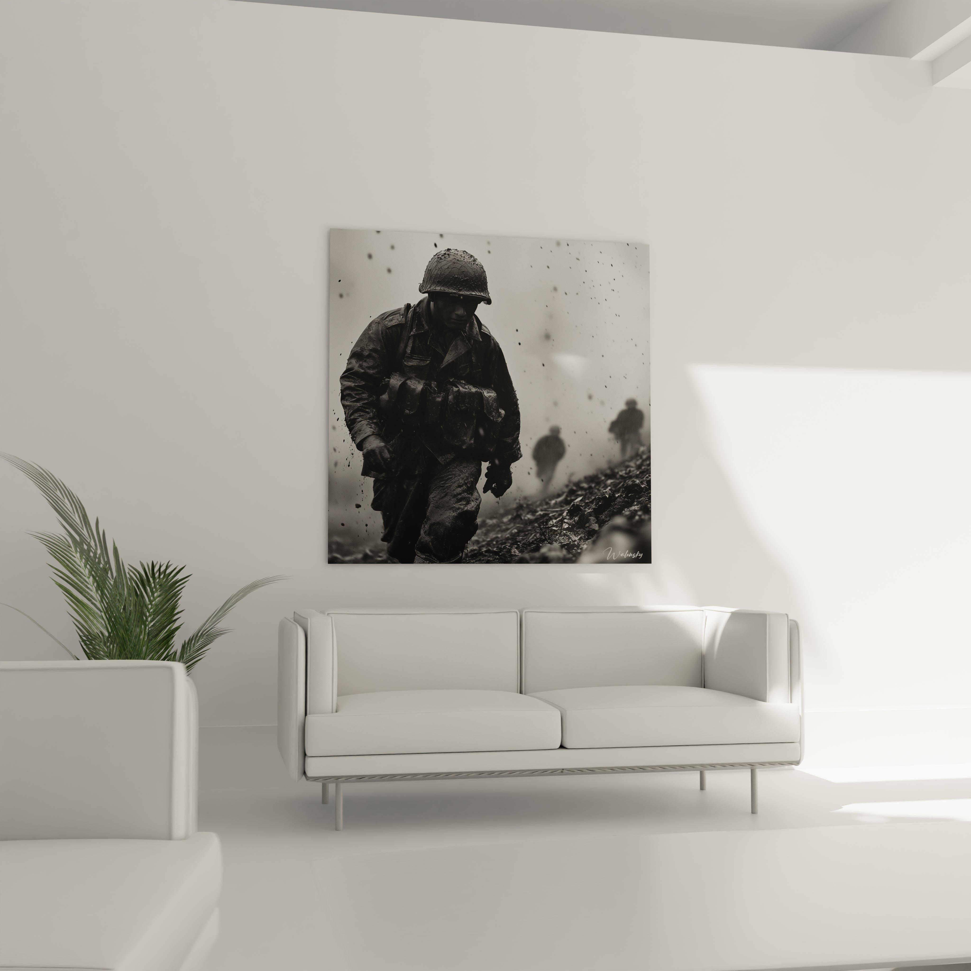 tableau soldat seconde guerre mondiale Walensky affiché au dessus d un canapé dans un salon minimaliste