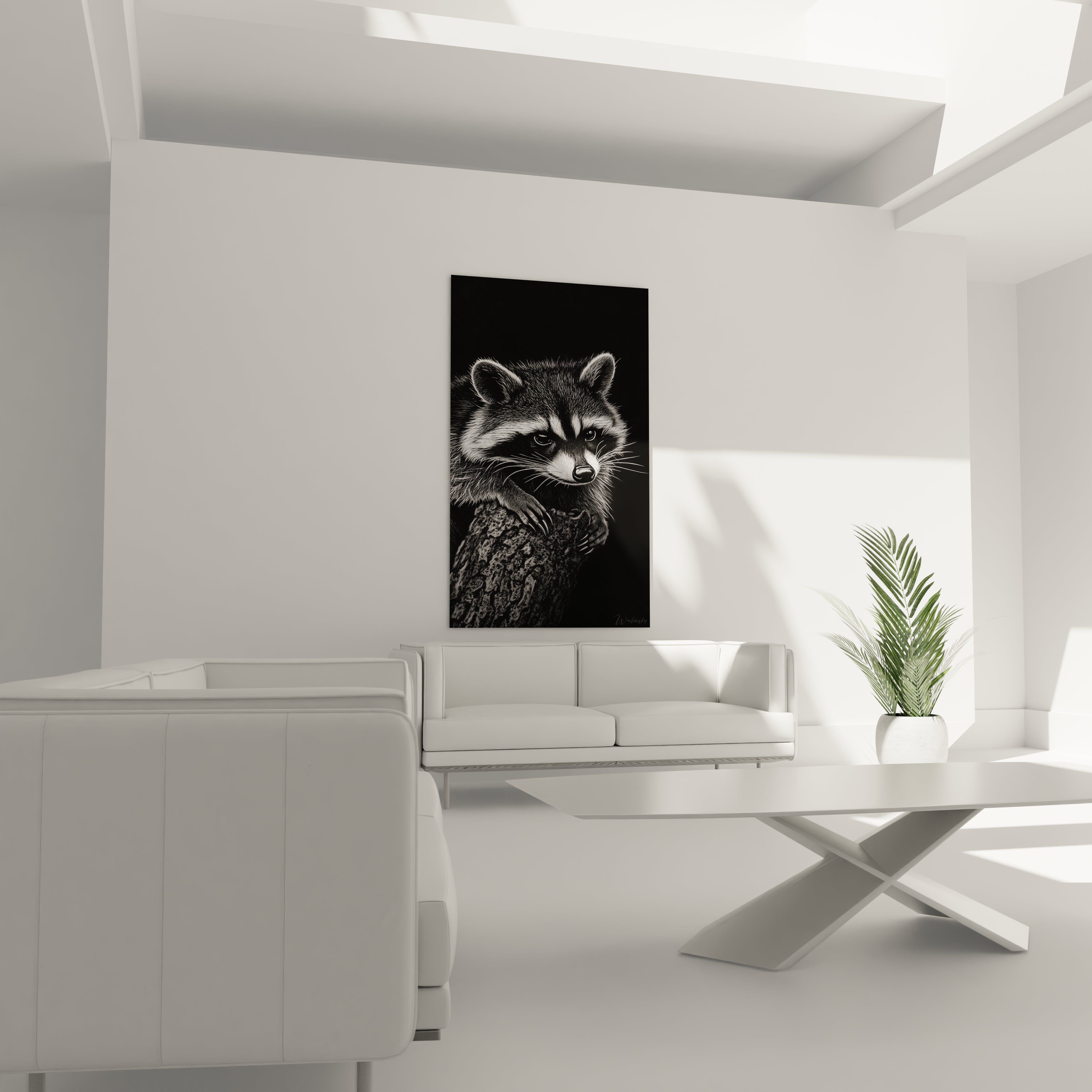 Tableau raton laveur Walensky en noir et blanc accroché dans un salon moderne lumineux