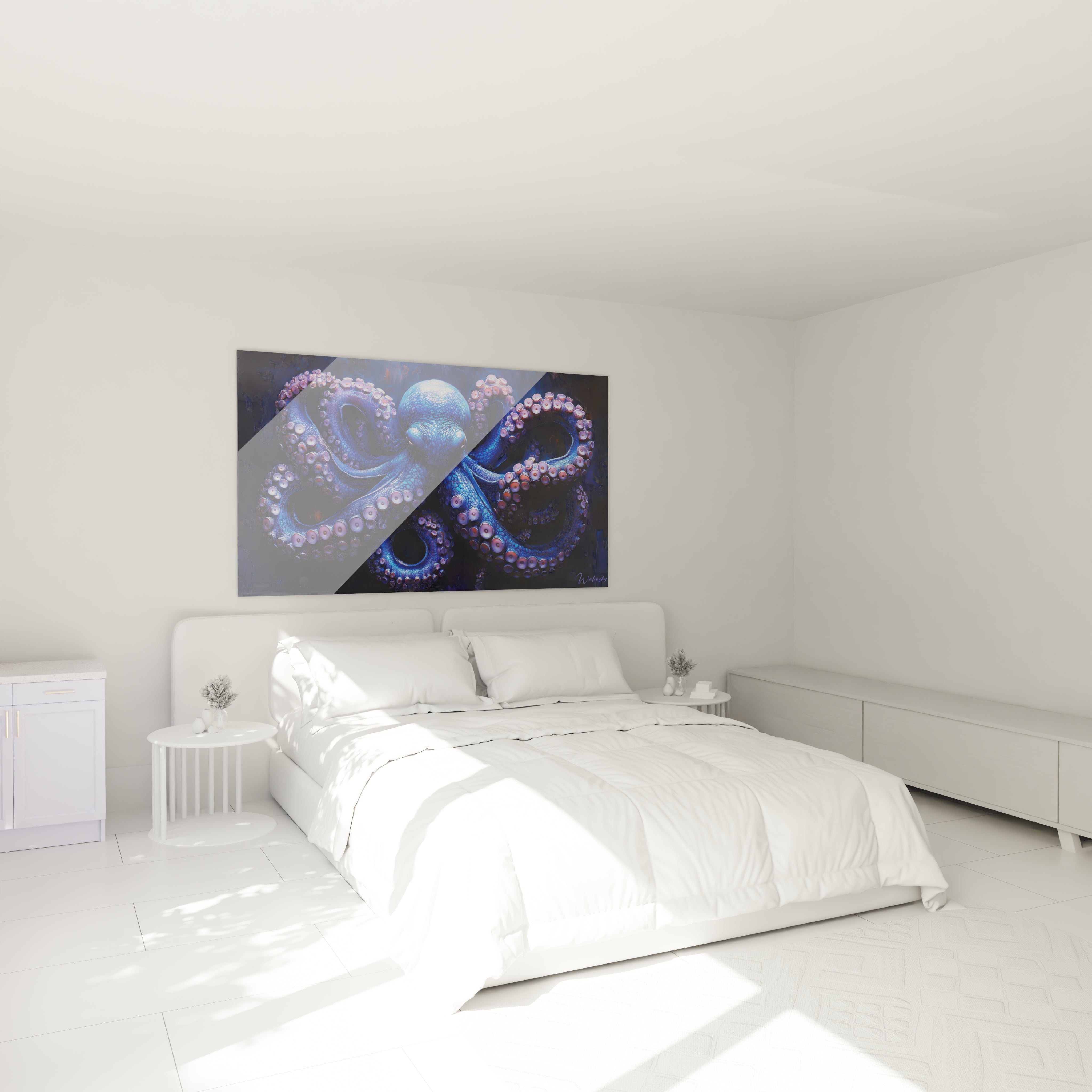 Tableau poulpe coloré Walensky suspendu au-dessus d'un lit blanc dans une chambre minimaliste