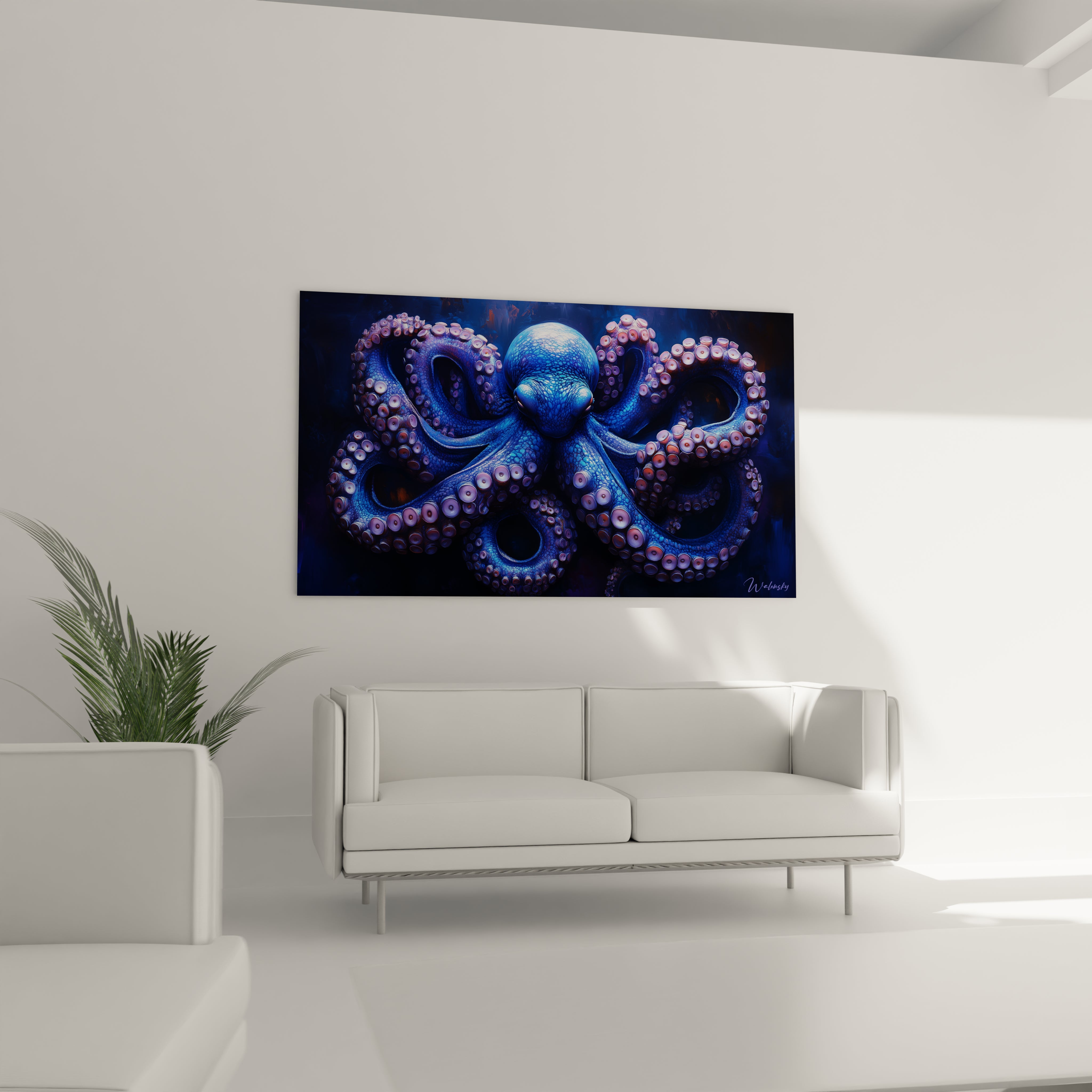 Tableau poulpe Walensky bleu et violet accroché au-dessus d'un canapé blanc dans un salon moderne