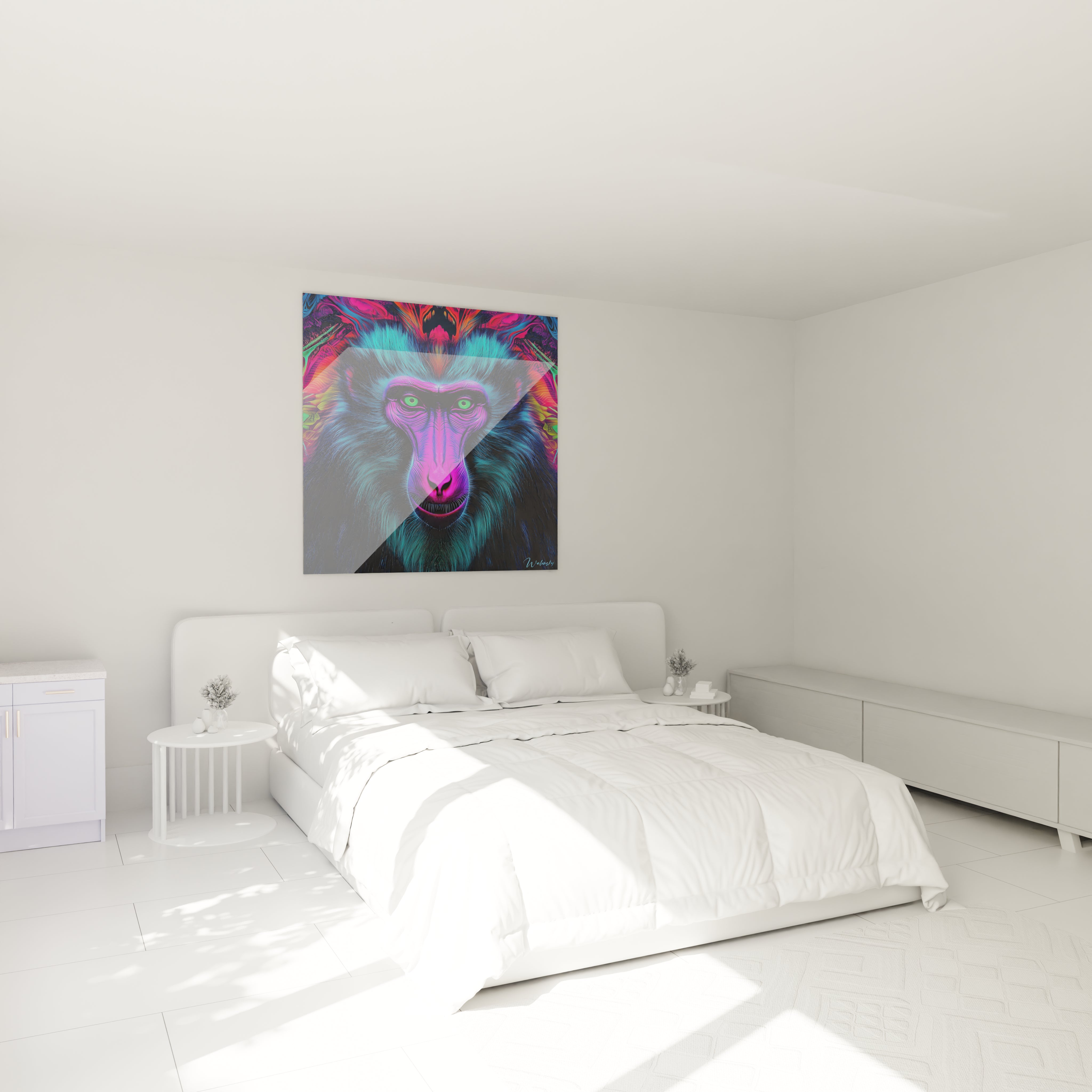 Tableau singe coloré par Walensky accroché au-dessus d'un lit blanc dans une chambre moderne