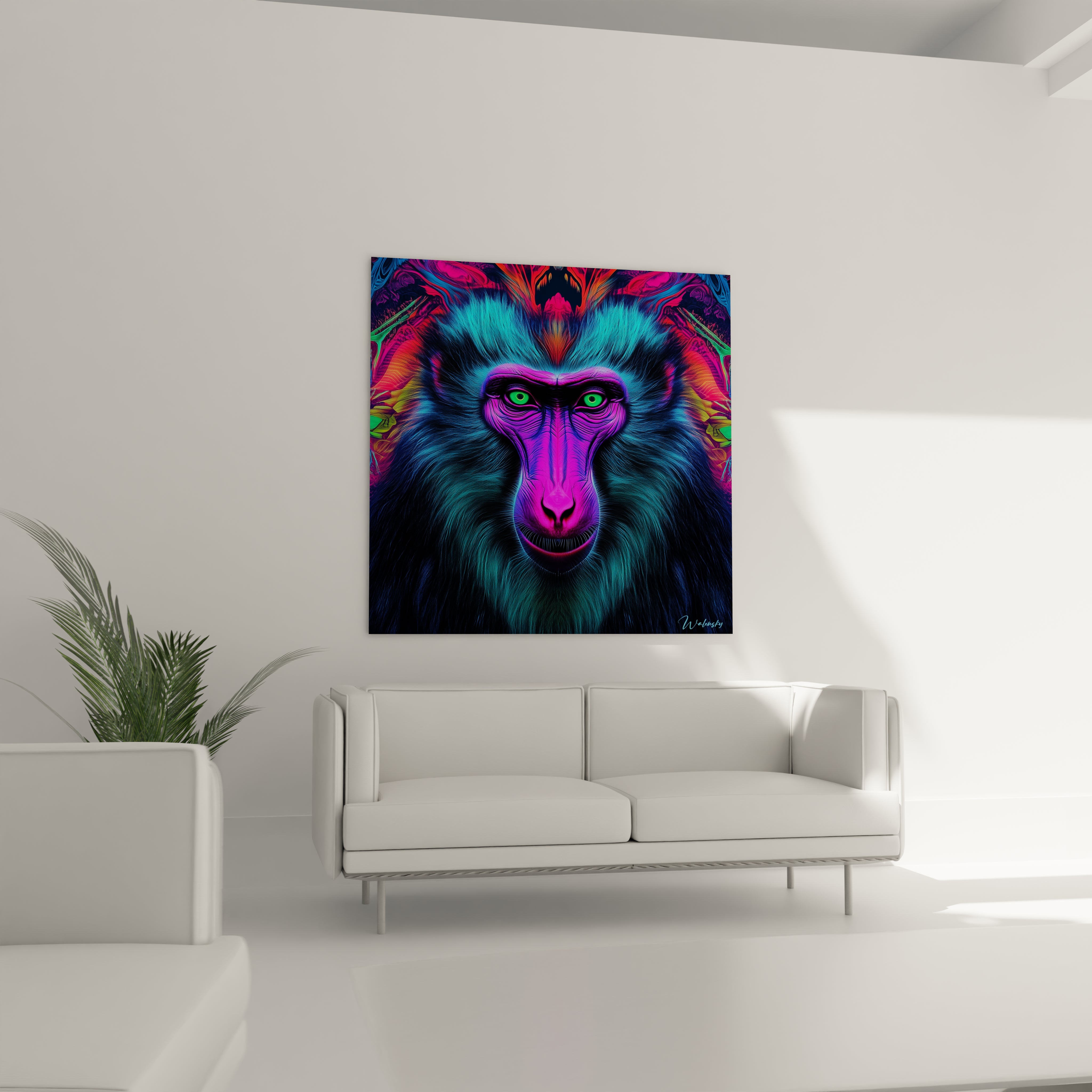 Tableau singe coloré aux teintes vives accroché au-dessus d'un canapé blanc dans un salon moderne