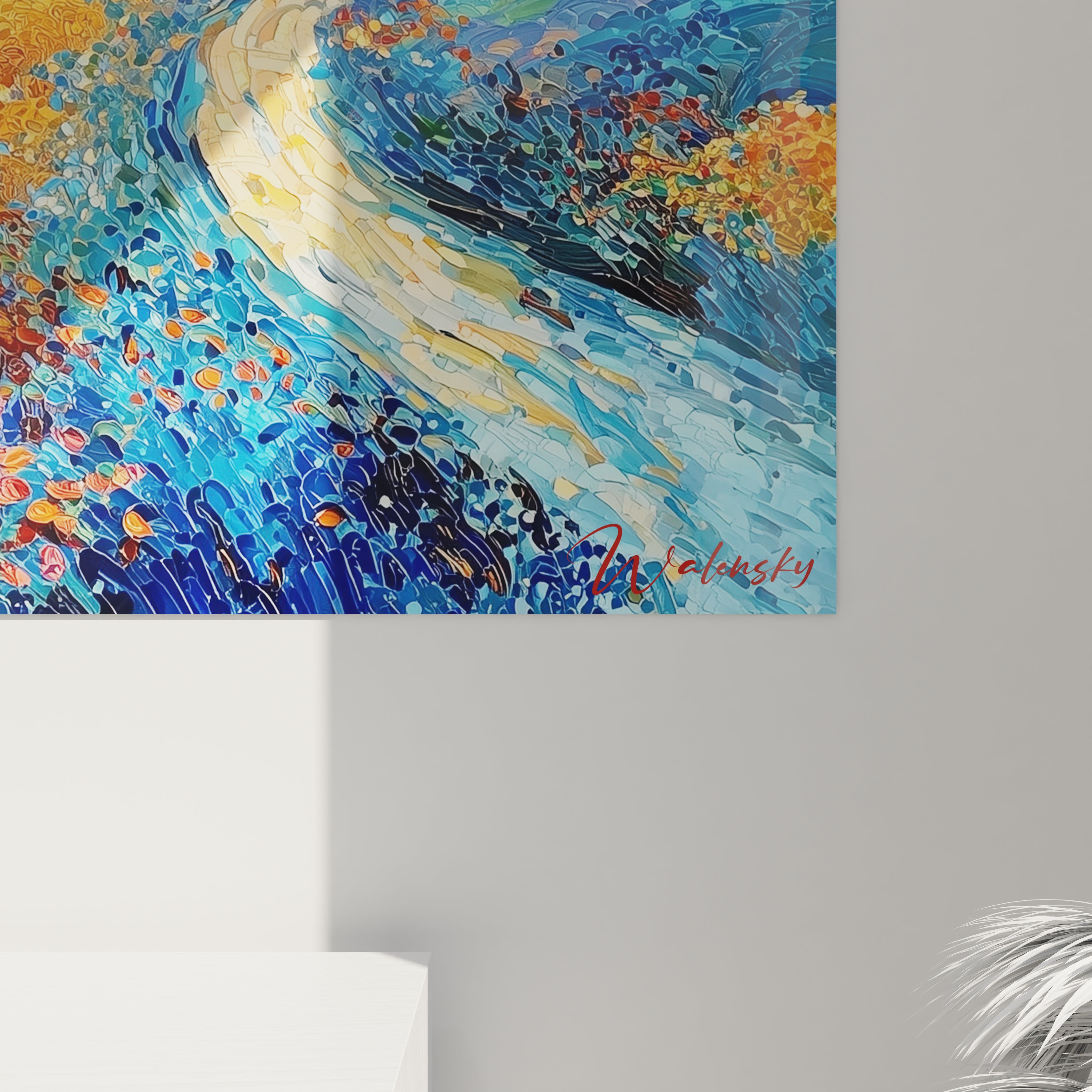 tableau pointillisme paysage Walensky toile murale aux tons bleus et jaunes representant une riviere abstraite