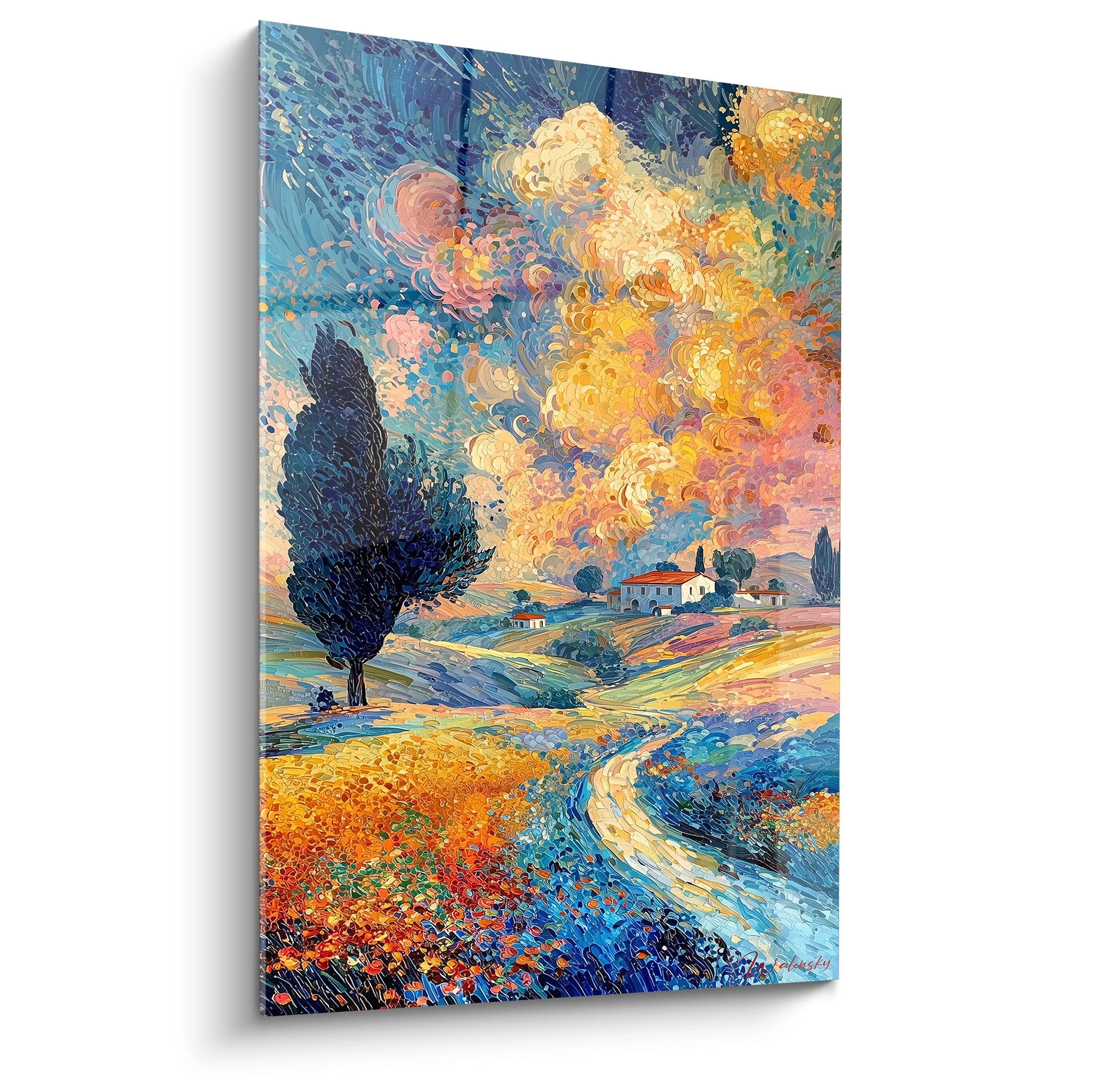 Walensky tableau pointillisme paysage coloré avec chemin sinueux cyprès maison et ciel tourbillonnant