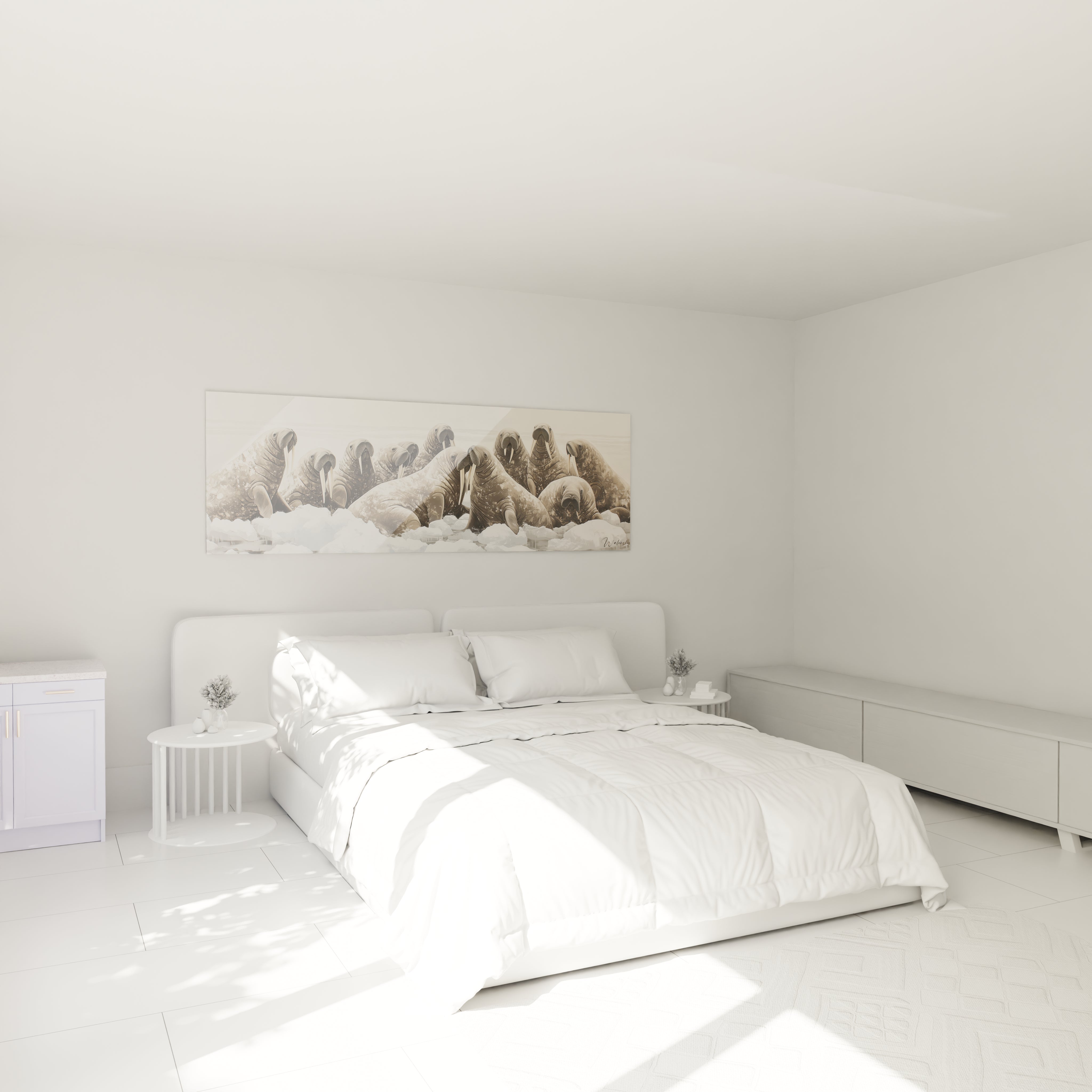 Tableau phoque Walensky au-dessus d'un lit blanc dans une chambre minimaliste et lumineuse