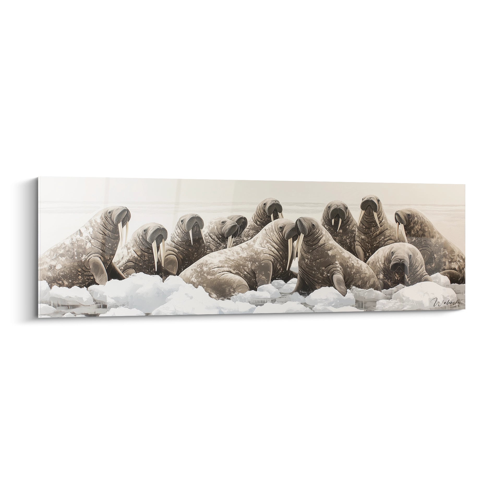 Tableau phoque Walensky avec plusieurs phoques sur la neige en tons neutres