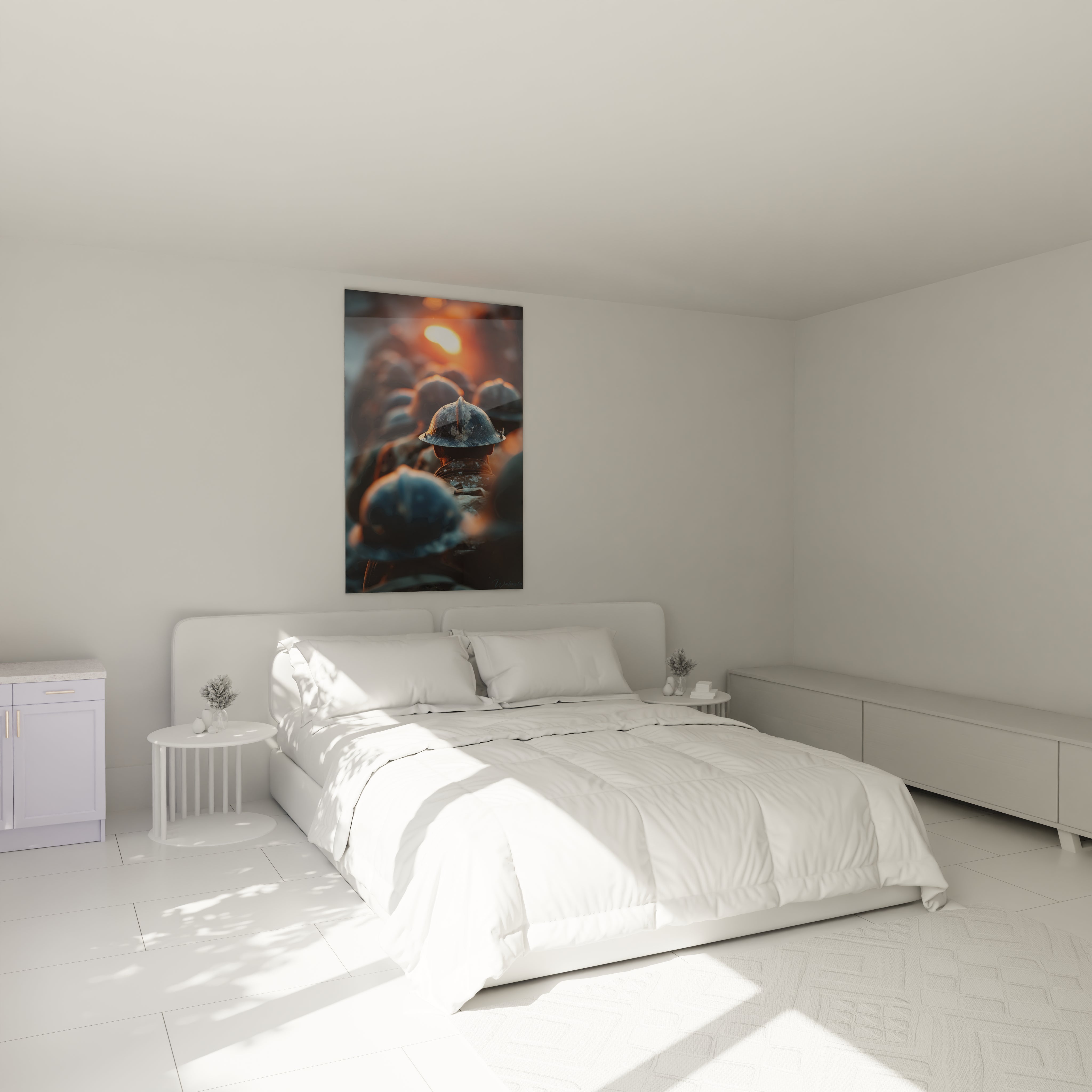 Tableau mural Walensky de soldats en casque et lumière orange au dessus d un lit moderne tableau soldats première guerre mondiale