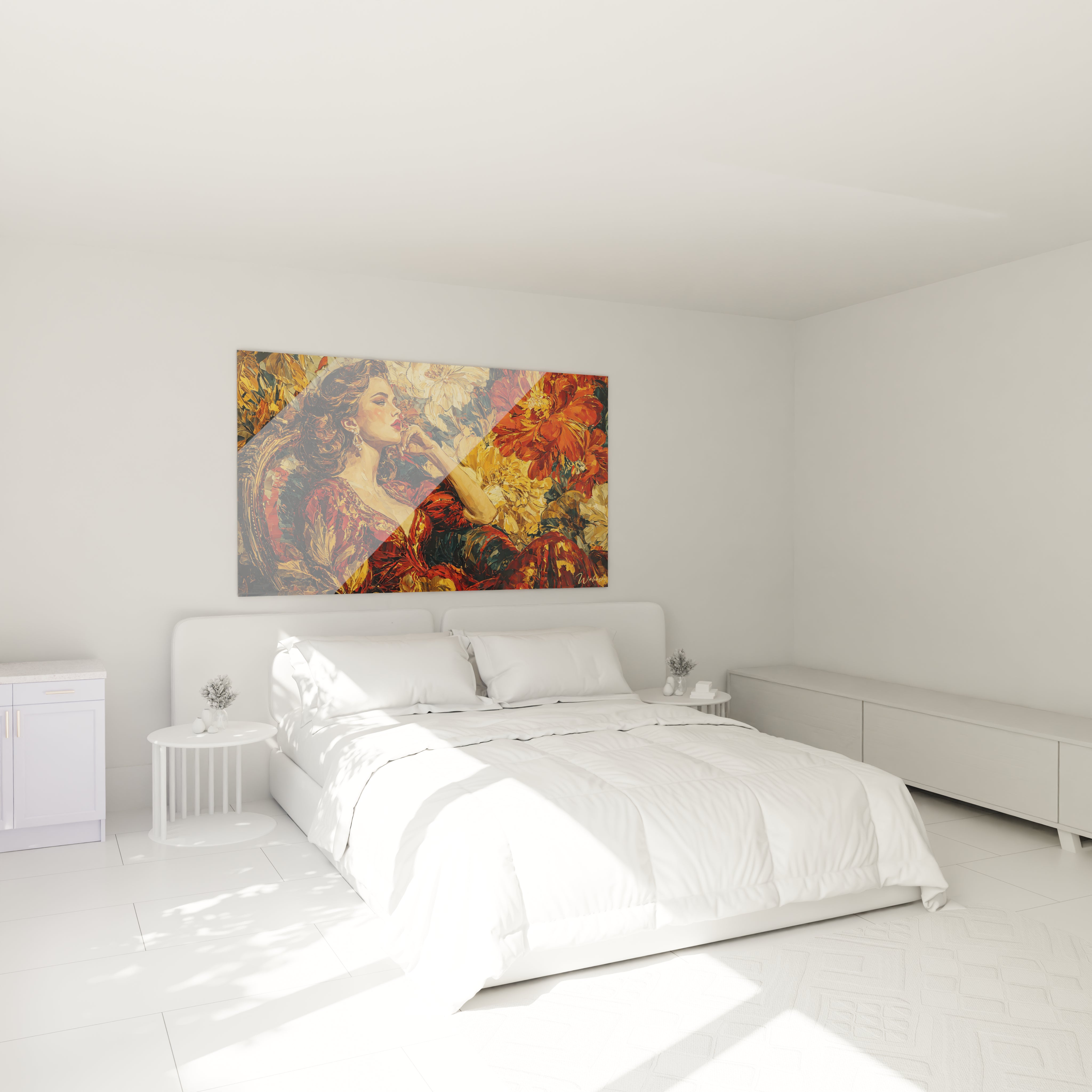 tableau gothique femme Walensky accroché au dessus d un lit blanc art mural coloré femme stylisée