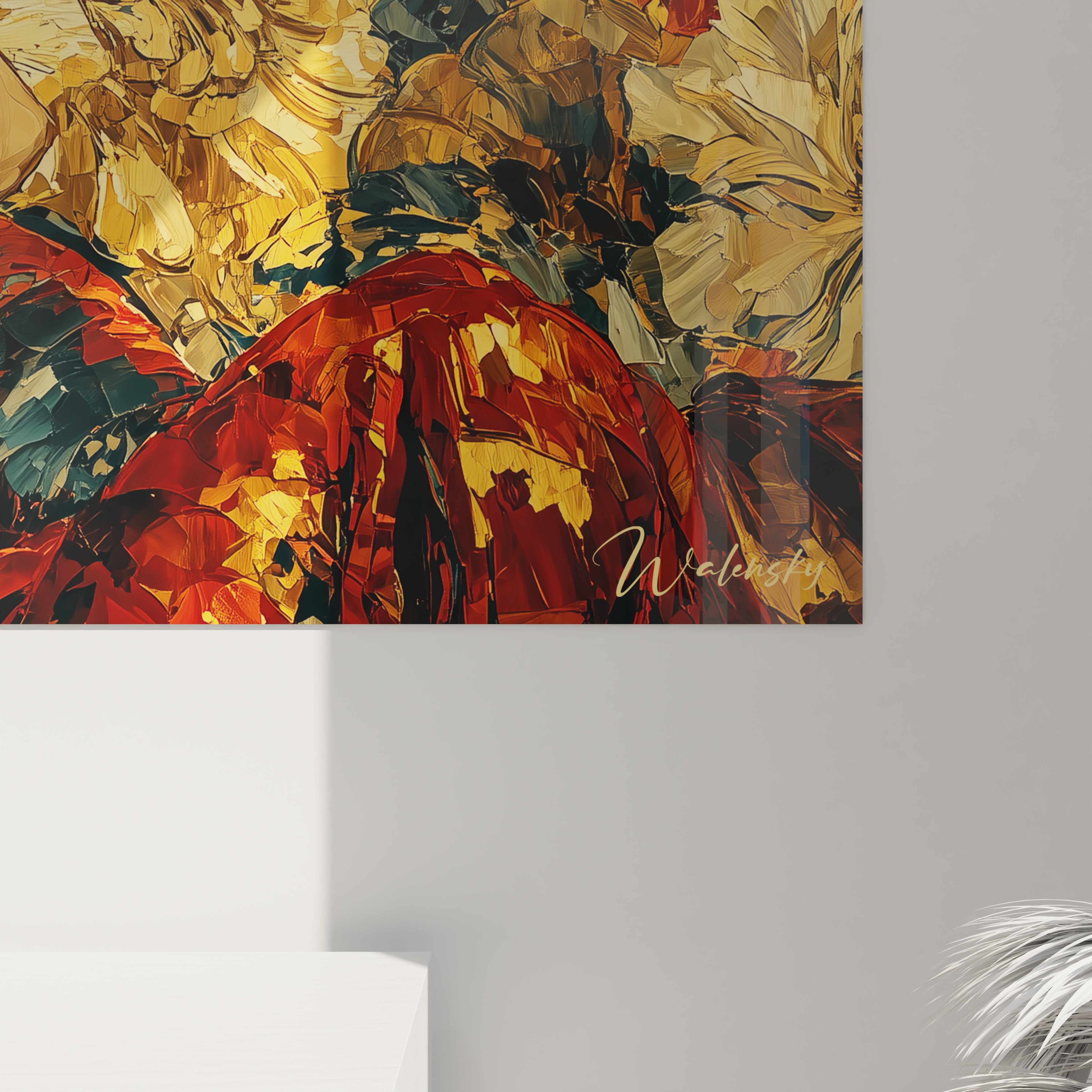 Tableau gothique femme Walensky mural peinture abstraite rouge et or signée accrochée sur mur gris