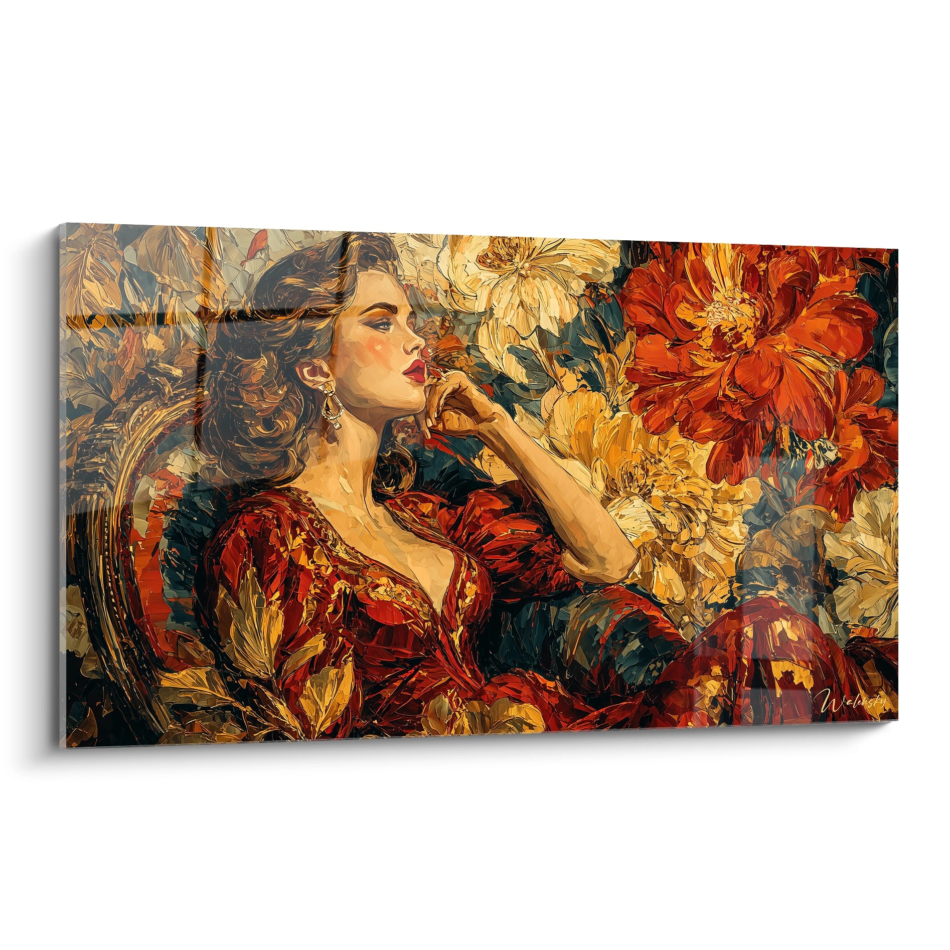 tableau gothique femme Walensky montrant une femme élégante en robe rouge parmi de grandes fleurs