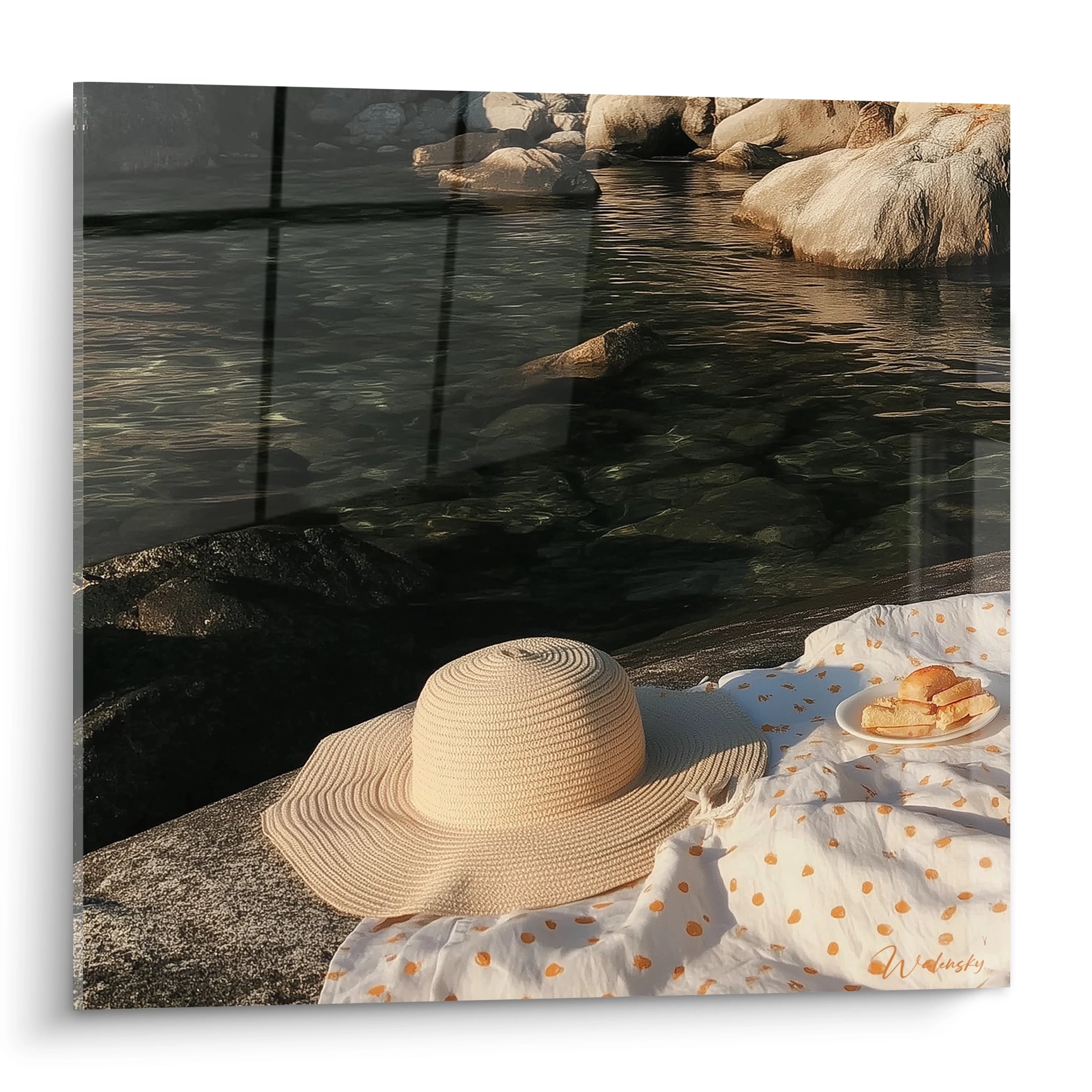 Walensky tableau chapeau de paille et nappe à pois au bord de l'eau tableau pique-nique décoration murale