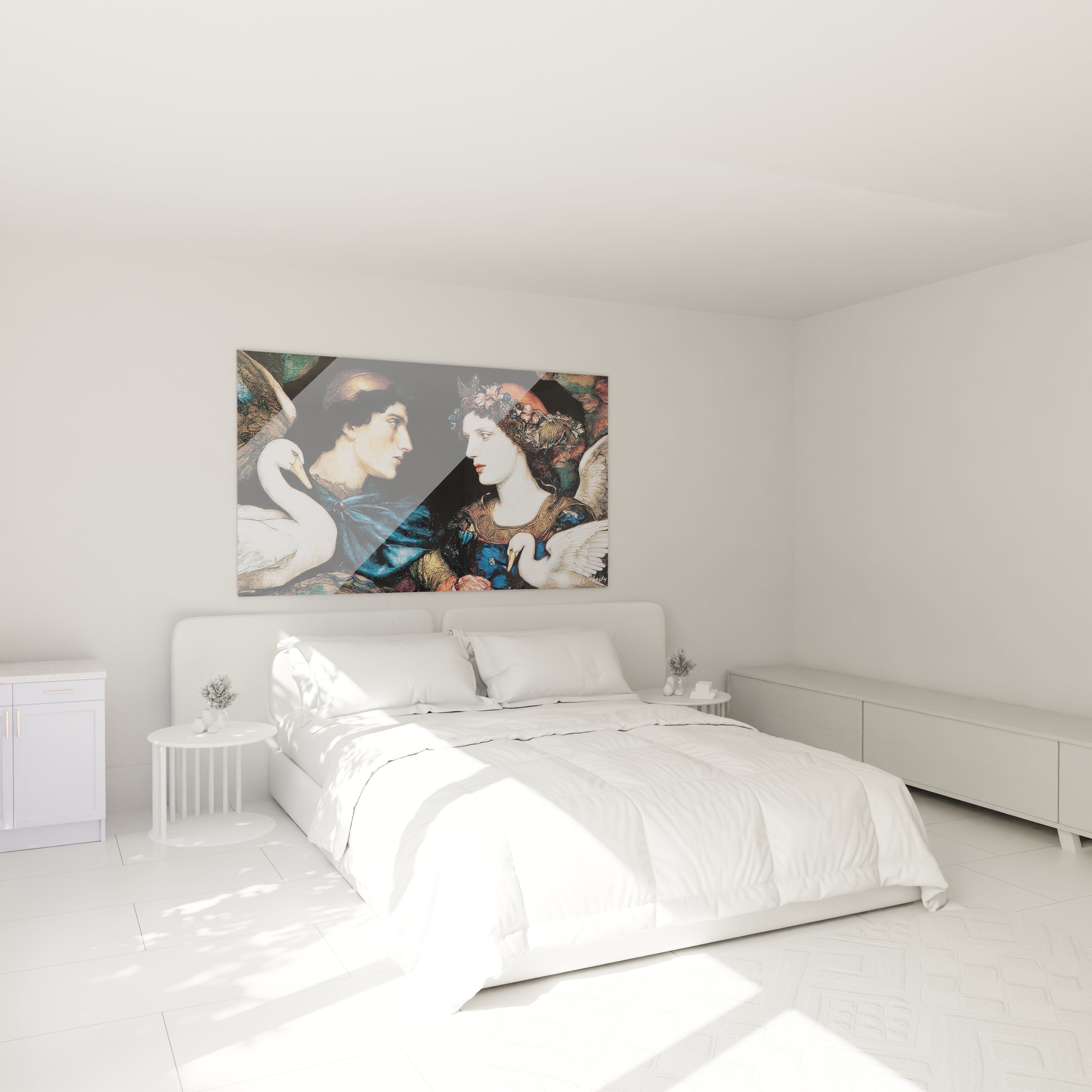 tableau couple cygnes préraphaélite Walensky accroché au dessus d un lit blanc dans une chambre minimaliste lumineuse
