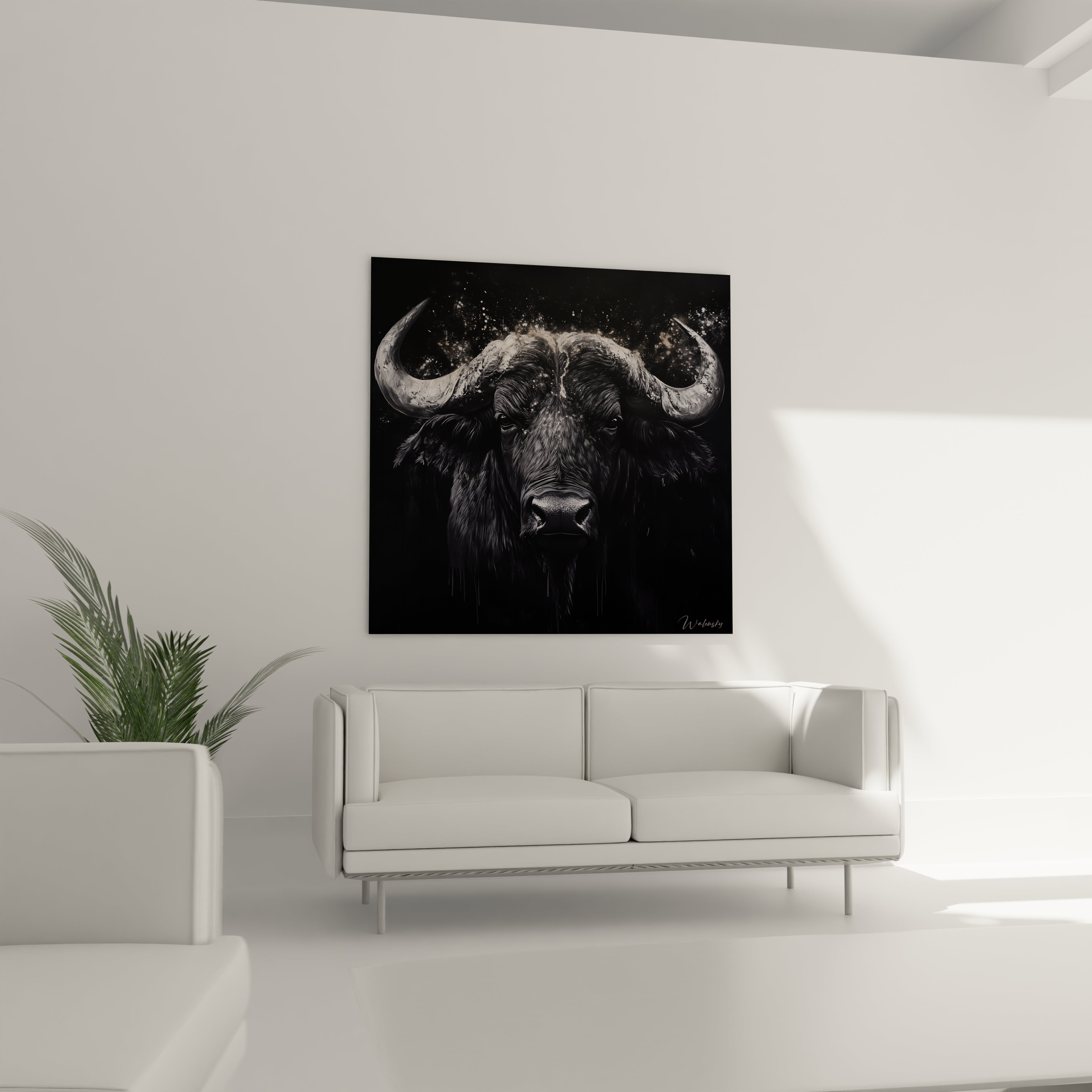 Tableau buffle Walensky noir et blanc accroché au mur au-dessus d'un canapé blanc moderne