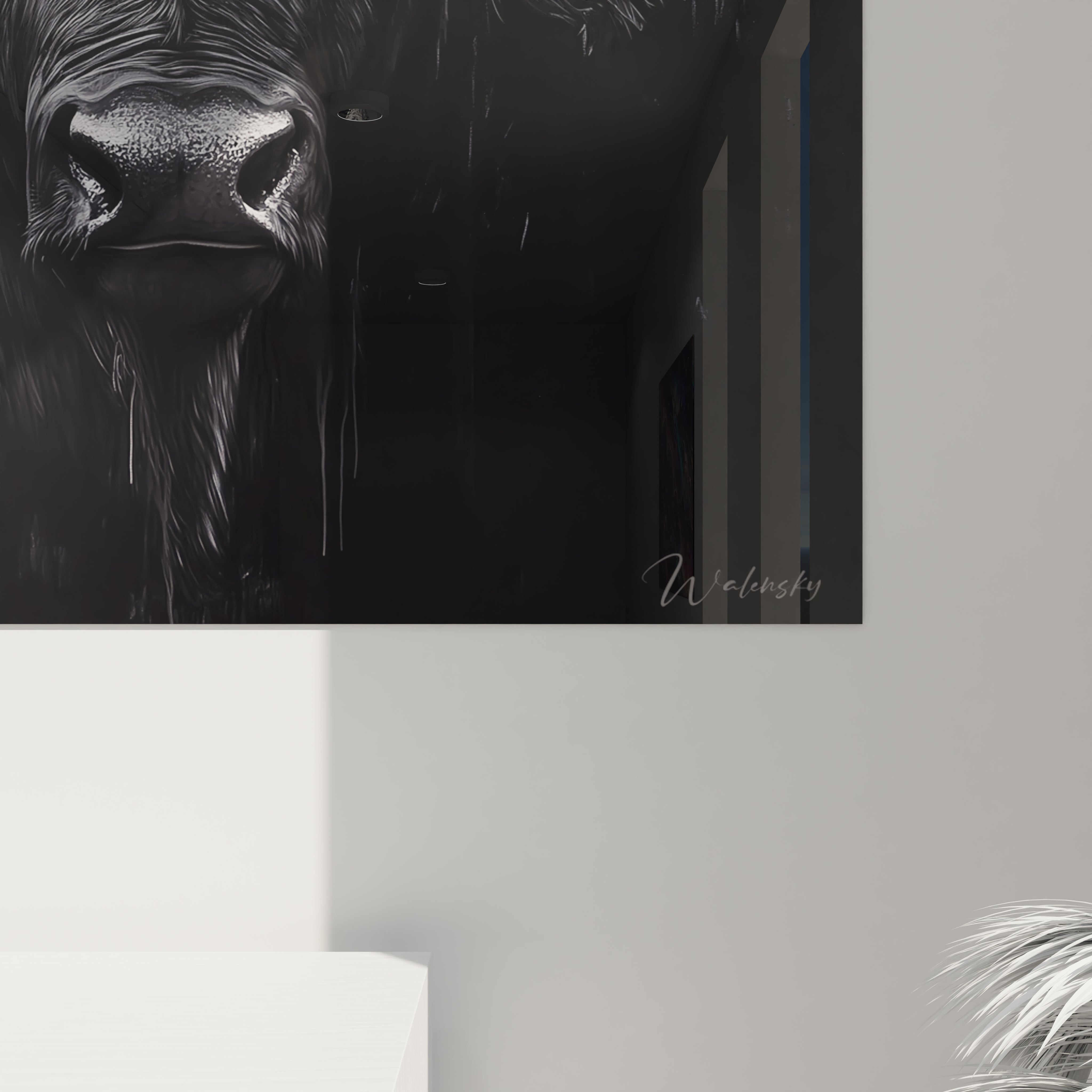 Tableau buffle Walensky en noir et blanc accroché sur un mur blanc moderne